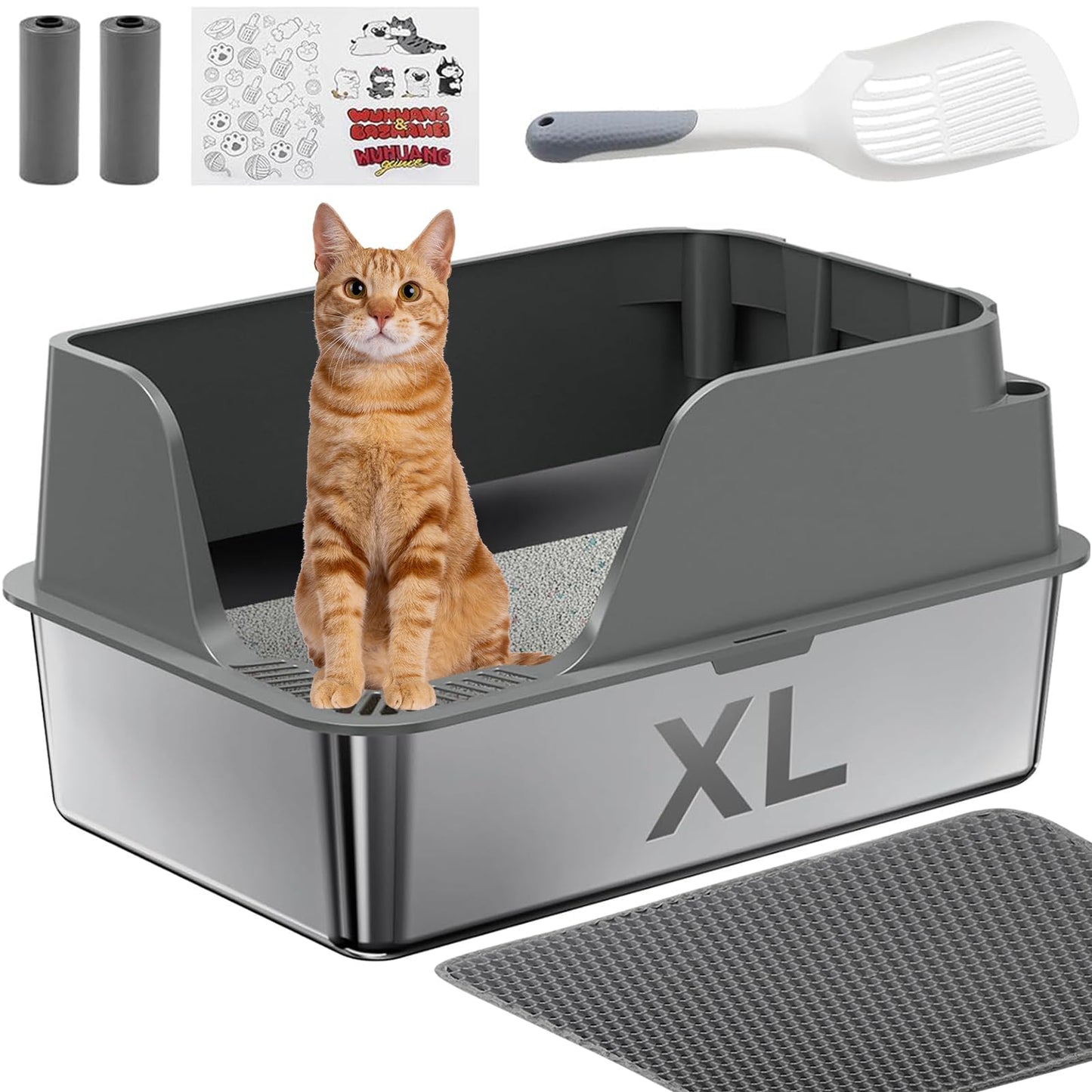 Stainless Steel Cat Litter Box with Lid, XL Litter Box for Big Cats, High Sided Metal Pan, Anti Leakage,Odor-Free & Easy Cleaning,Included Scoop &Trash Bag*2 & Mat & Sticker (Grey)