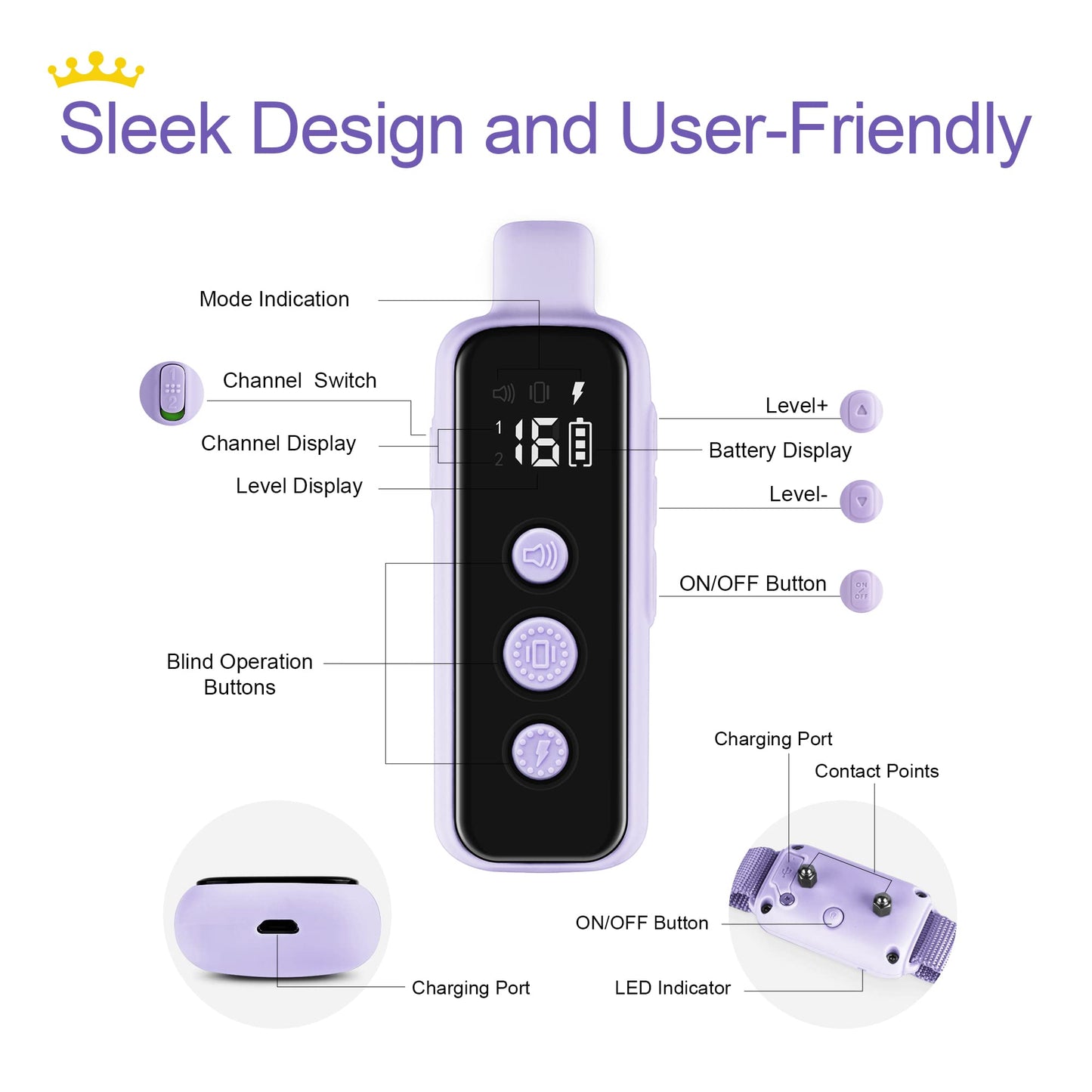 Bousnic Shock Collar for Dogs - Waterproof Rechargeable Dog Electric Training Collar with Remote for Small Medium Large Dogs with Beep, Vibration, Safe Shock Modes (8-120 Lbs) (Purple)