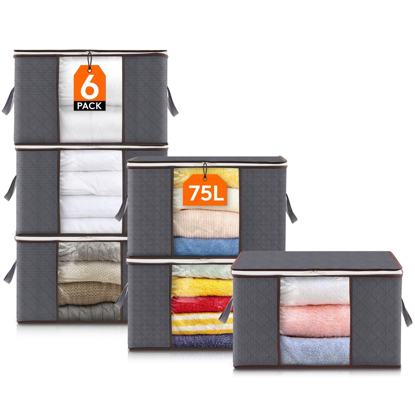 Lifewit 6 Pack Large Clothes Stoage Bags Boxes with Lids,75L Wardrobe Storage Organiser Packing Boxes for Moving House with Reinforced Handle Thick Fabric for Clothing Towel Blanket Bedding, Gray