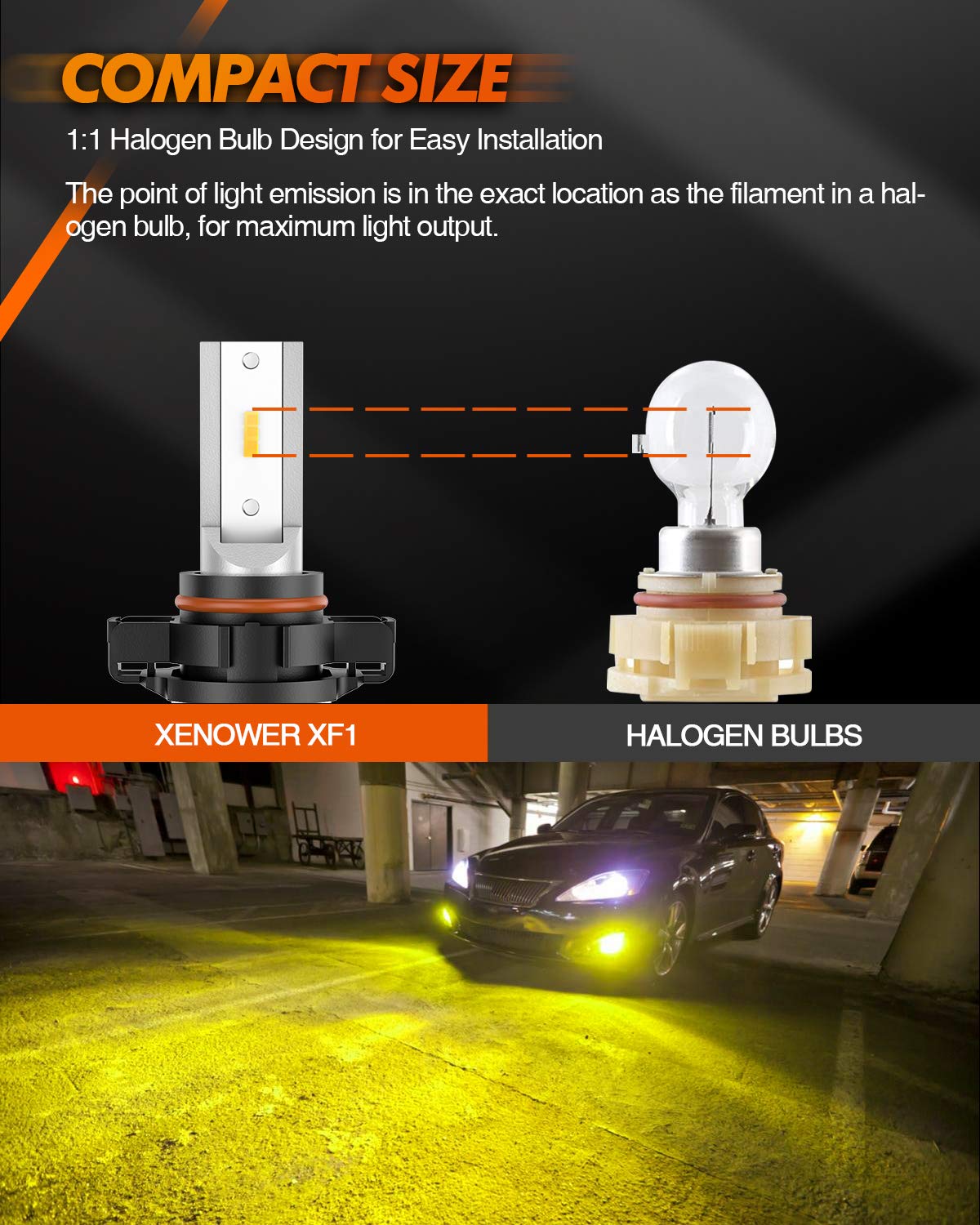SEALIGHT 2504 PSX24W LED Fog Lights Bulbs, 3000K Yellow 600% Brightness 11W High Power 2504 PSX24W LED Fog Light DRL Bulbs Replacement For Cars,Trucks(Pack of 2)