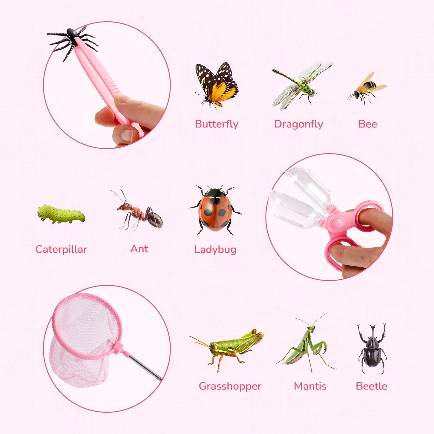 ROBOTIME Kids Explorer Kit & Bug Catcher Kit for Kids, 10PCS Bug Catcher Kit, Bug Catching Kit, Exploration Set Camping Gear for Toddlers, Outdoor Adventure Toys Gift for Girls 3-12 (Pink)