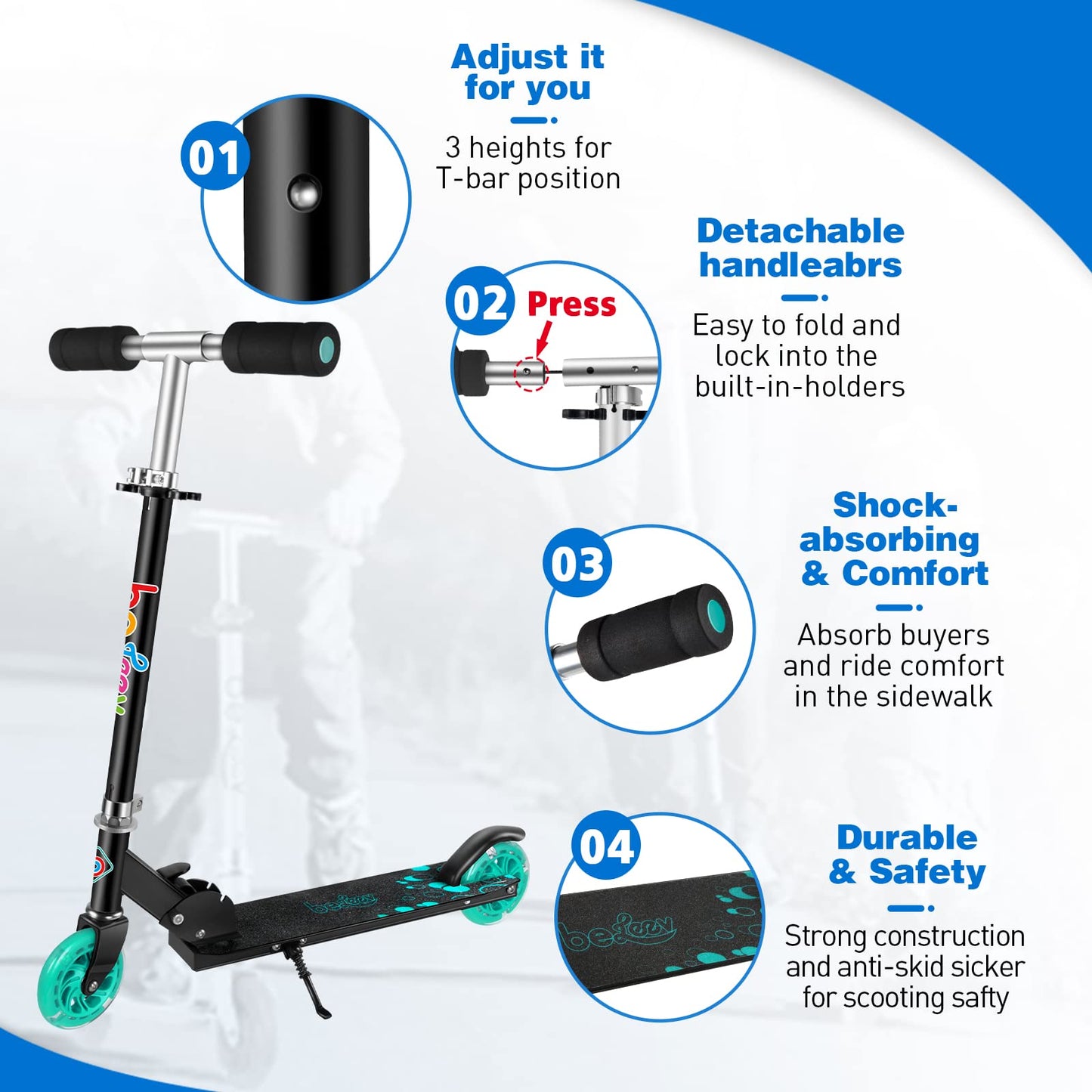 BELEEV V1 Scooter for Kids Ages 3-12, 2 Wheel Folding Kick Scooter for Children Girls and Boys, 3 Adjustable Height, LED Light Up Wheels, Lightweight Scooter with Sturdy Kickstand