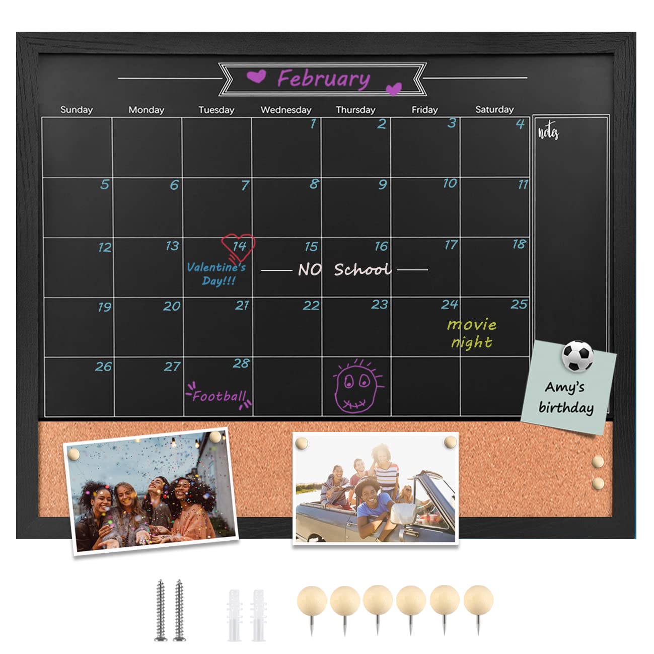 Umtiti Chalkboard Calendar and Bulletin Combo Board. Black Solid Wood Frame，Magnetic Chalkboard.Perfect for Office, Home School Message Board，BK-4555-CA