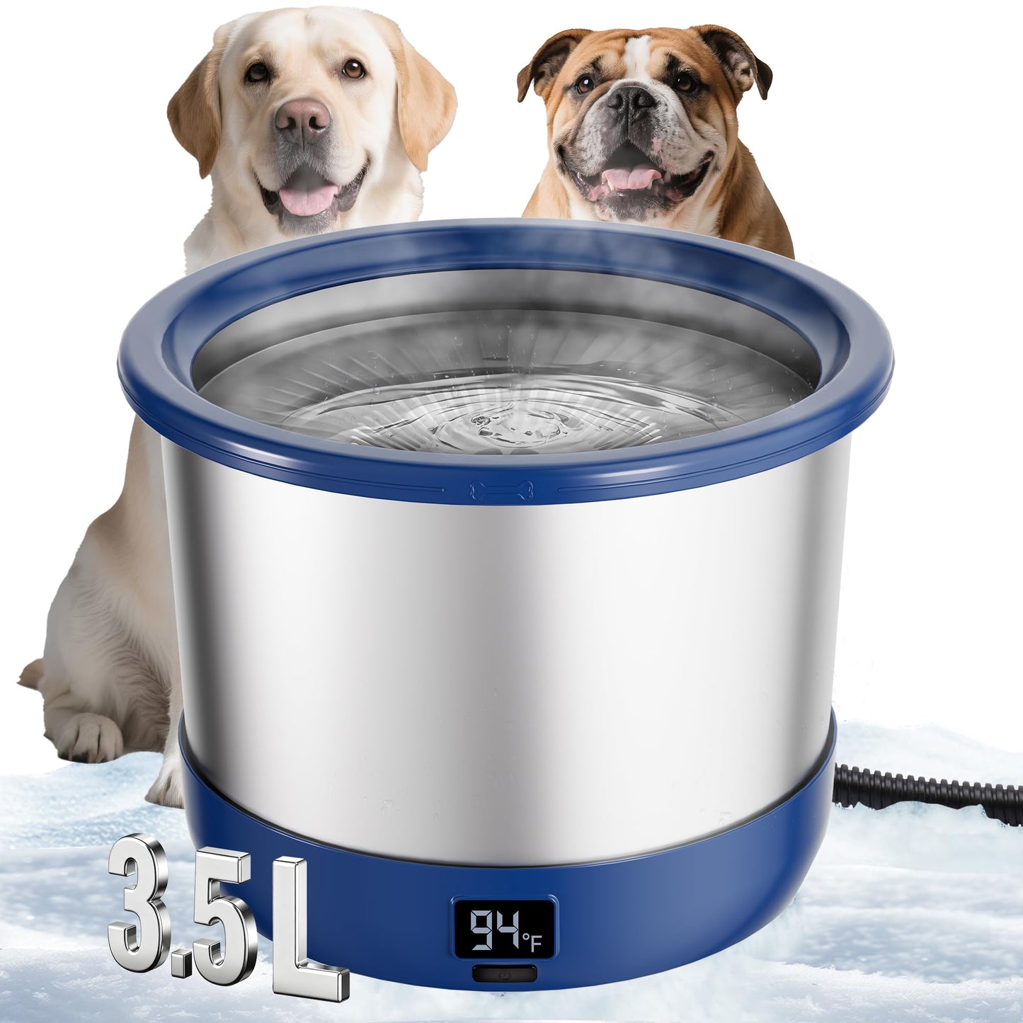 Twinsing 3.5L Heated Water Bowl, Stainless Steel Heated Dog Bowl with Digital Display and Adjustable Temperature, Outdoor Pet Water Bowl Provides Warm Water for Dogs