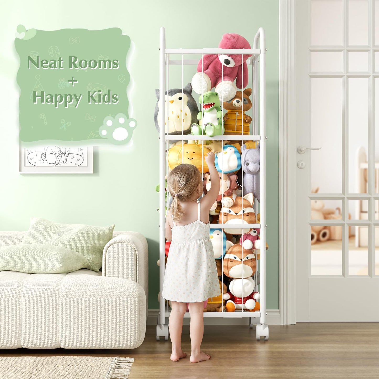 Stuffed Animal Storage with Brake Wheels,Metal Tube Toy Storage Organizer Extra Large Stuffed Animal Holder, Stuffed Animal Zoo Organizer for Nursery Playroom Kids Room White(53.5” x 18.1”x 13”)