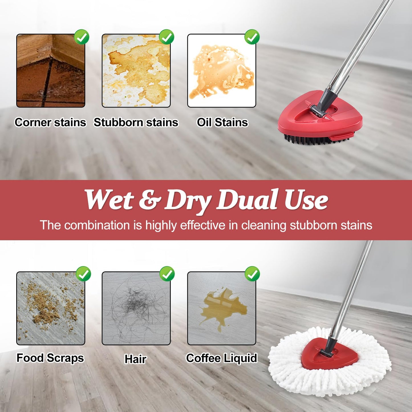 Spin Mop Handle Replacement for Vileda, Mop Heads Compatible with Vileda EasyWring Spin Mops & Bucket 1-Tank, Include 4-Section Handle, 2 Microfiber Head Refills,1 Scrub Brush, 1 Base