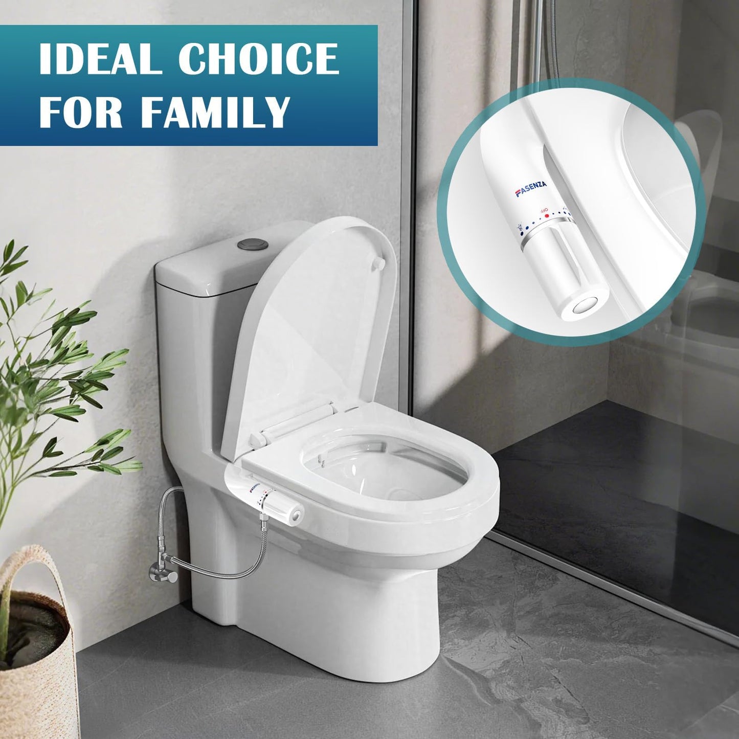 FASENZA Bidet Attachment for Toilet Seat: Adjustable Water Pressure, Ultra-Slim Toilet Water Sprayer with Self-Cleaning Non-Electric Dual Nozzle, Front & Rear Feminine Wash, Cold Water, White, 1 Pack