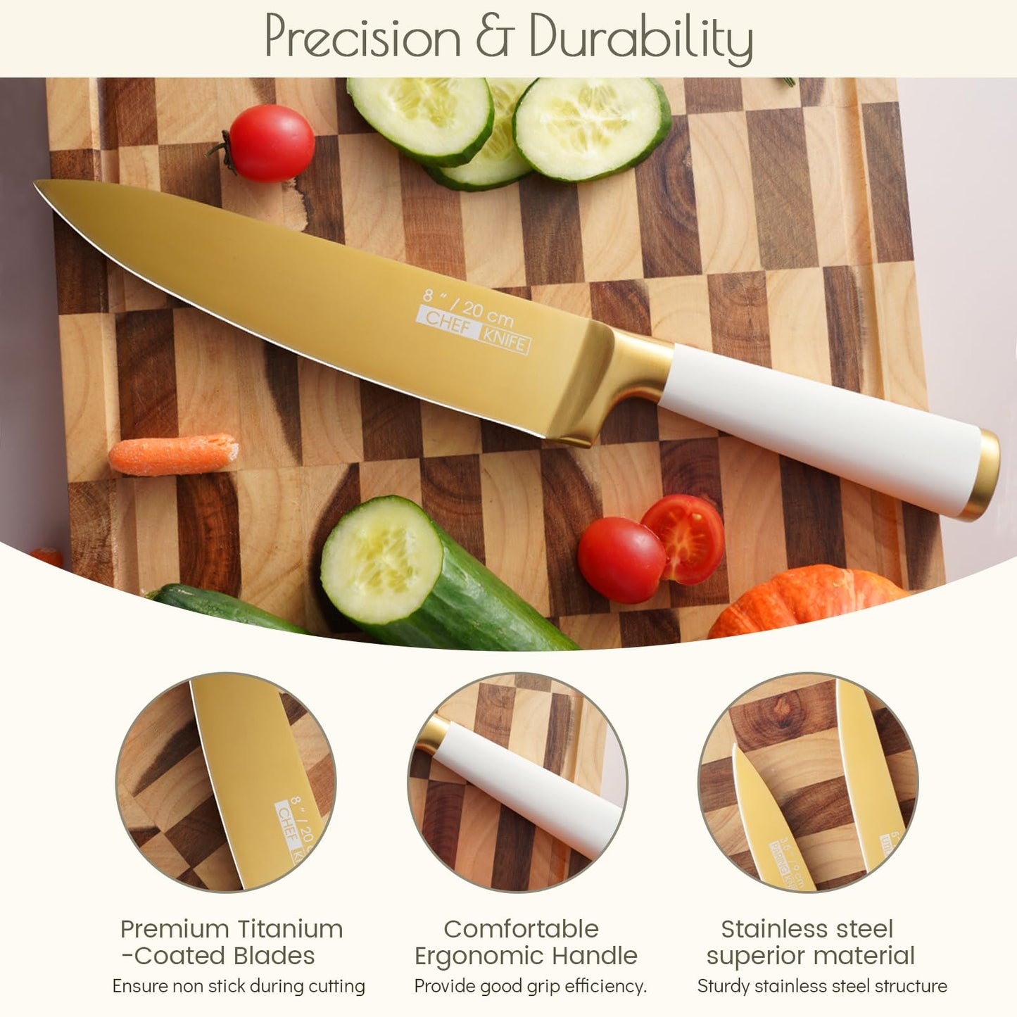 Gold Knife Set, 6 Pieces Titanium Coated Knife Block Set with Pink Wood Block, Ultra Sharp Stainless Steel Chef Knife Sets for Kitchen Built-in Sharpener, Kitchen Accessories and Decor (White)