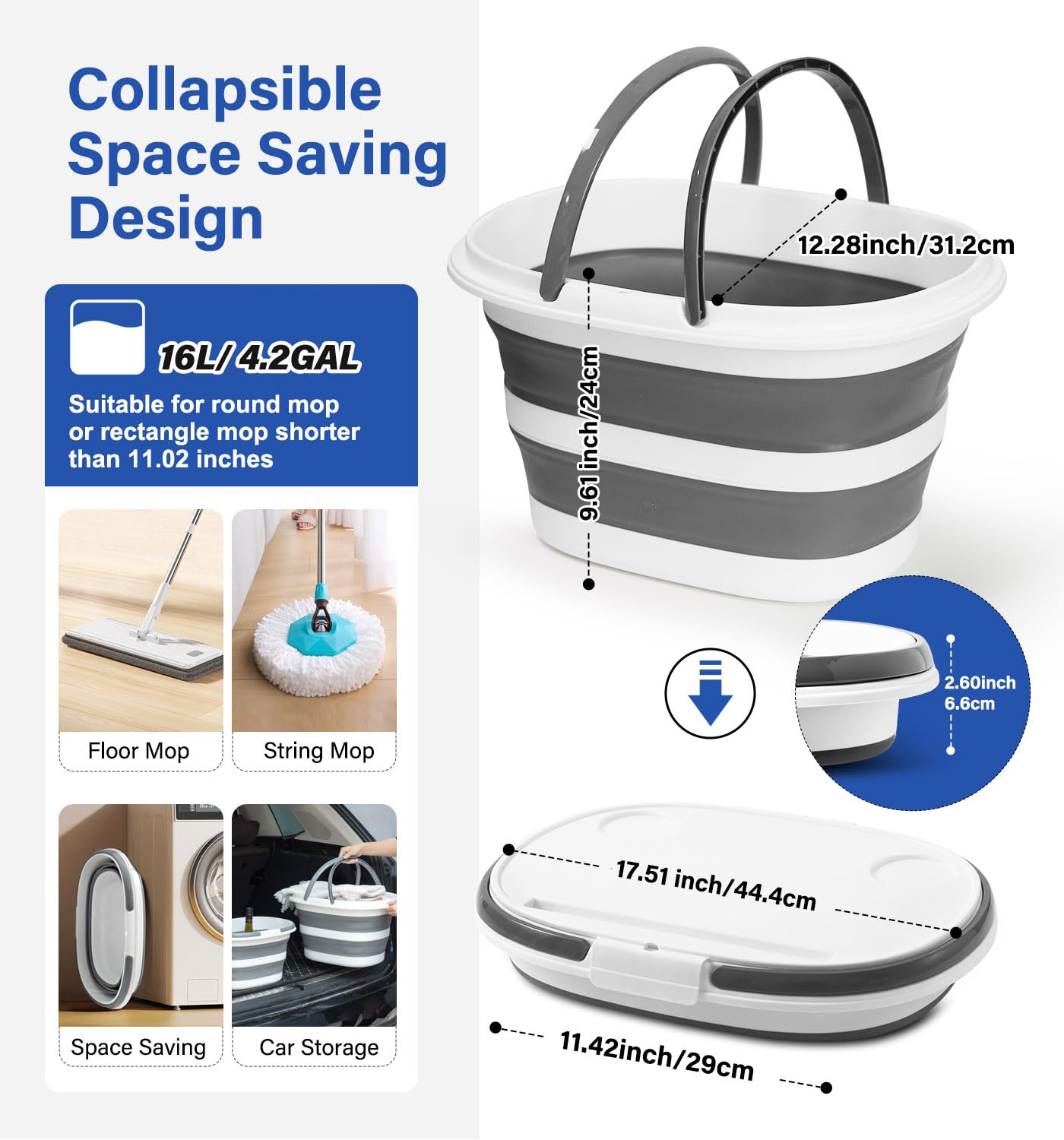 Lesipee Upgraded16L Collapsible Mop Bucket with Multi-Functional Lid - 4-in-1 Foldable Silicone Tub with Table Surface, Floor Stand, Space Saving 4.2 Gallon Storage Solution for Home & Outdoor