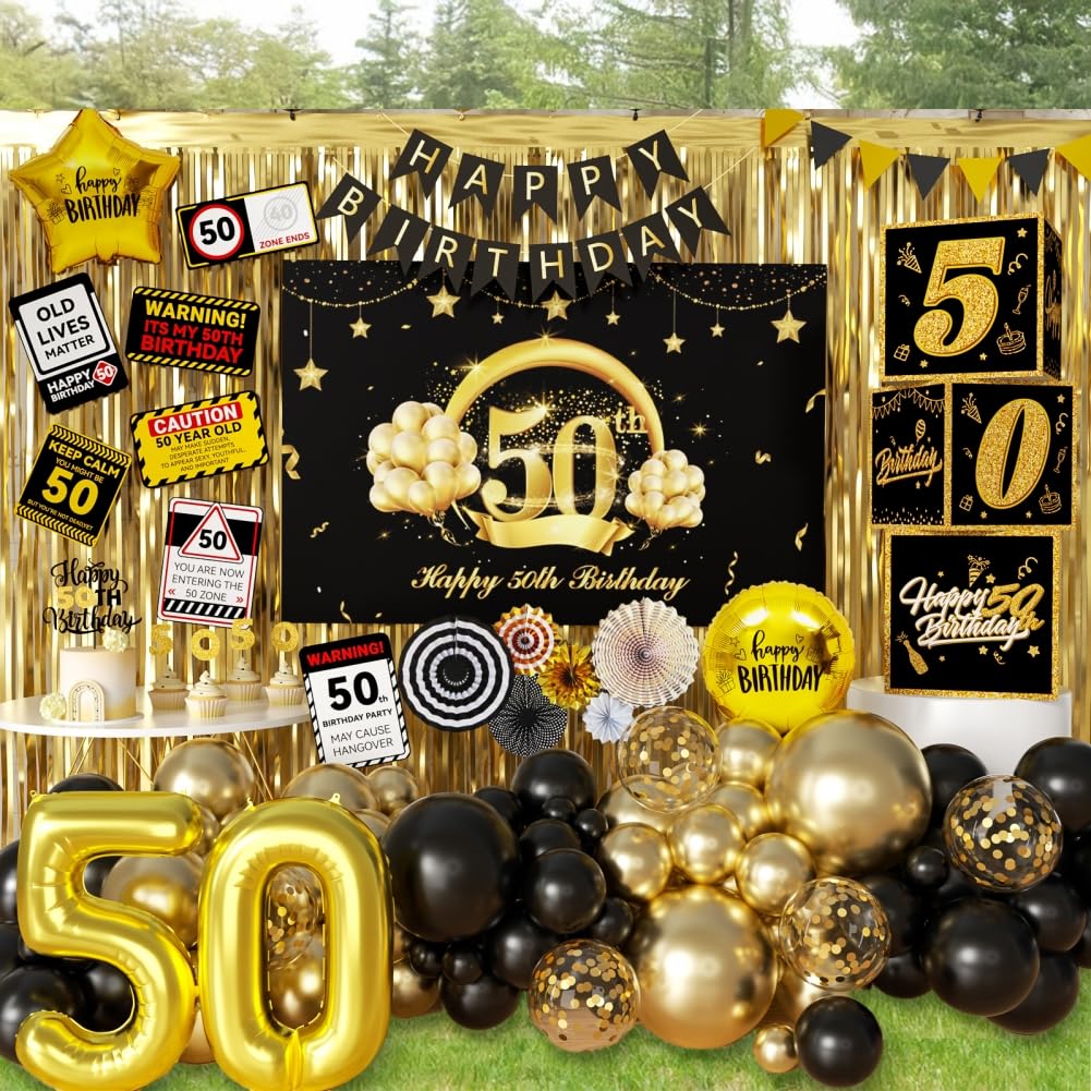 50th Birthday Party Decorations 50 Years Old Party Supplies Set for Men Women with Balloons Garland, 50th Backdrop, Birthday Banner, Foil Balloons and Curtains 100 pack