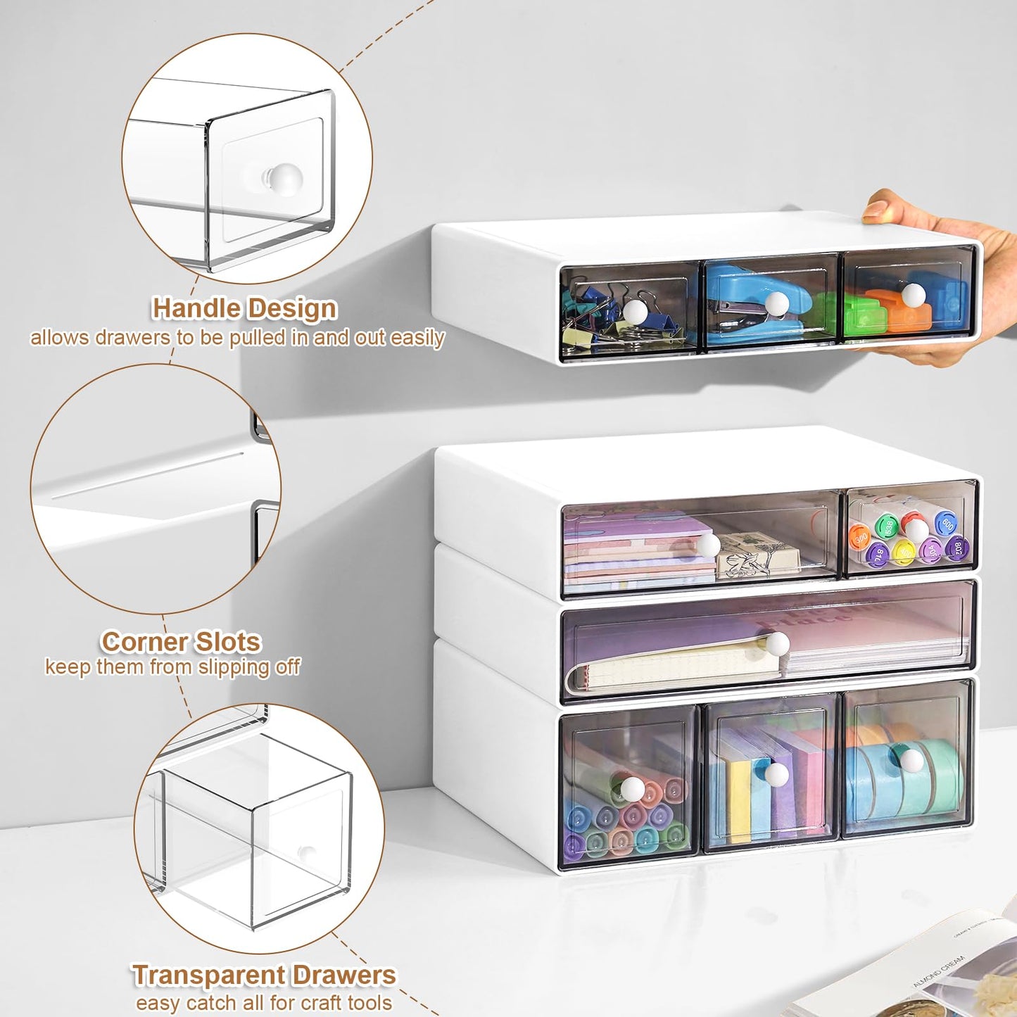 Desk Organizer with 9 Drawers, 4 Tier Plastic Stackable Storage Drawers for Desk Storage, Office Stationary Makeup Organizer Suit for Home, Office and School (White)