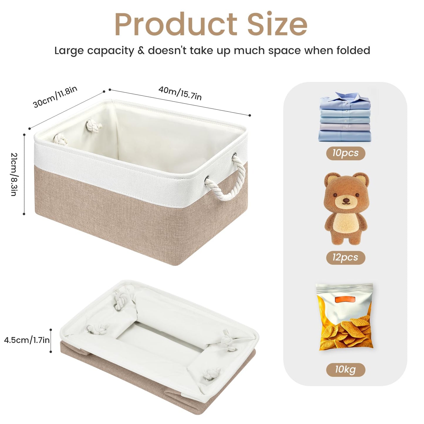 VQRTEXA Large Storage Baskets-Storage Bins for Shelves and Closet Organizing, Foldable Fabric Bin for Home Organization Clothes and Laundry (3-Pack, 15.7x11.8x8.26 Inch, White&Khaki)