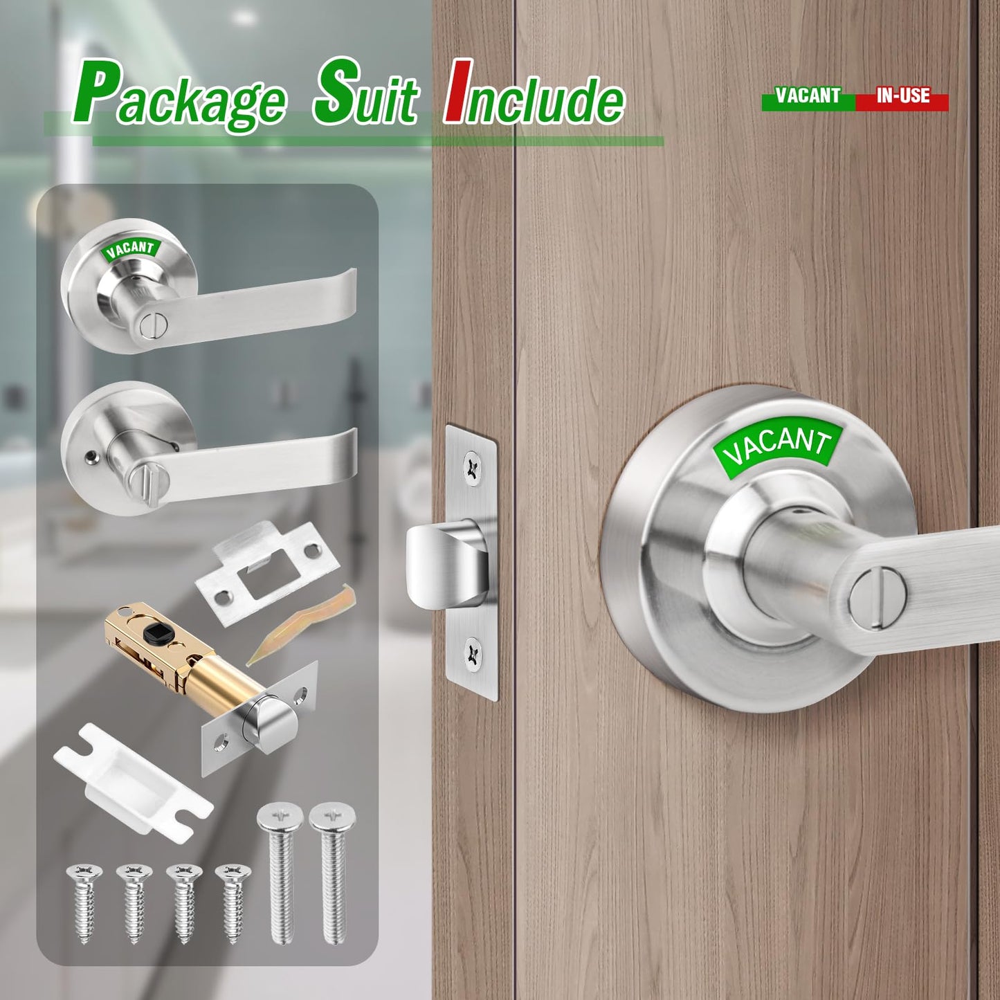 Feeloco Indicator Privacy Lock and Door Lever, Vacant Occupied Bathroom Lock with Privacy in-Use or Vacant Indicator, ANSI Grade2 Commercial Door Handle Lock for Public Restrooms