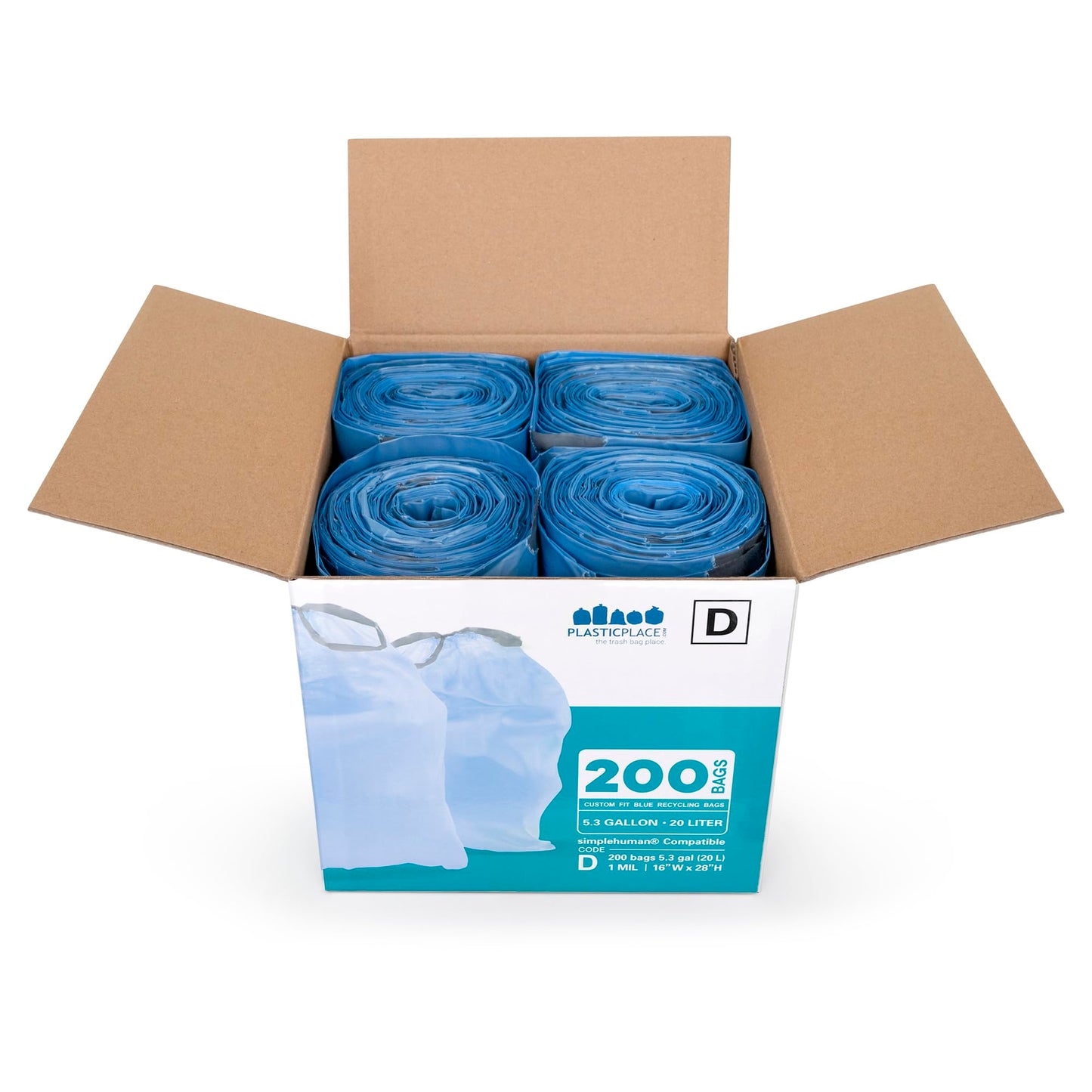 Plasticplace Custom Fit Trash Bags │ simplehuman (x) Code D Compatible (200 Count) │ Tinted Blue Drawstring Garbage Liners 5.2 Gallon / 20 Liter │ 15.75" x 28"