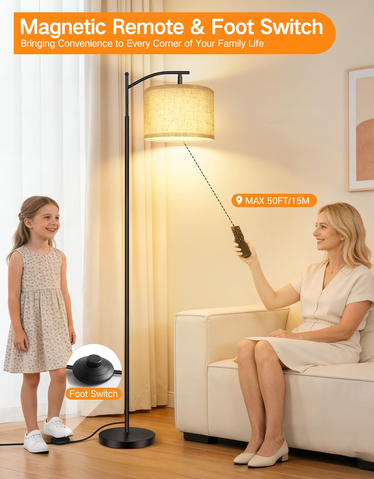 OUTON Arc Floor Lamp with Remote and Foot Switch, Dimmable Standing Lamp with 4 Color Temperatures, 5%-100% Brightness, Adjustable Head, 1-Hour Timer, Memory Function for Living Room Office