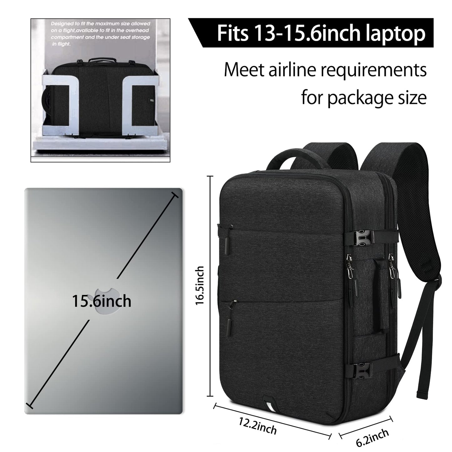 Travel Backpack for Men Women Laptop Backpack 15.6 Inch Flight Approved Carry on Backpack Overnight Business College School Weekender Luggage Daypack, Black