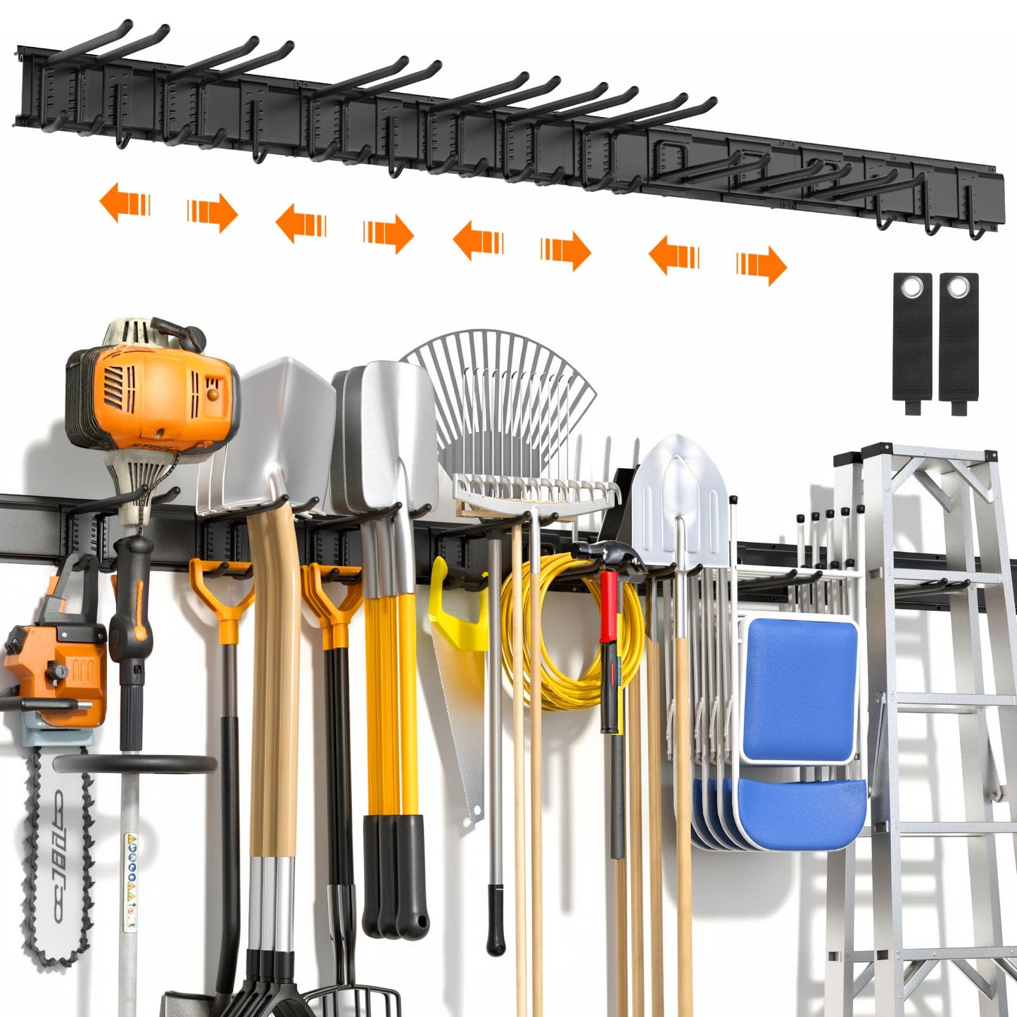 Housolution Heavy Duty Garden Tool Organizer 64 Inch - 18Pack Carries 570 lbs, Garage Tool Organizer Storage System, 4 Rails with 12 Adjustable Hooks, Tool Holder Wall Mount for Warehouse, Workshop