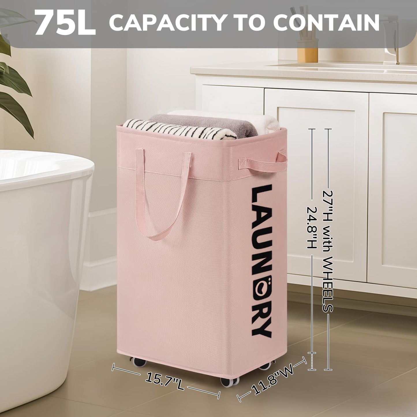 Goodpick Pink Laundry Baskets with Wheels 2-Pack, 75L Rolling Laundry Basket with Removable Wash Bags, Large Laundry Hamper for Corner Dorm, Collapsible Laundry Basket on Wheels