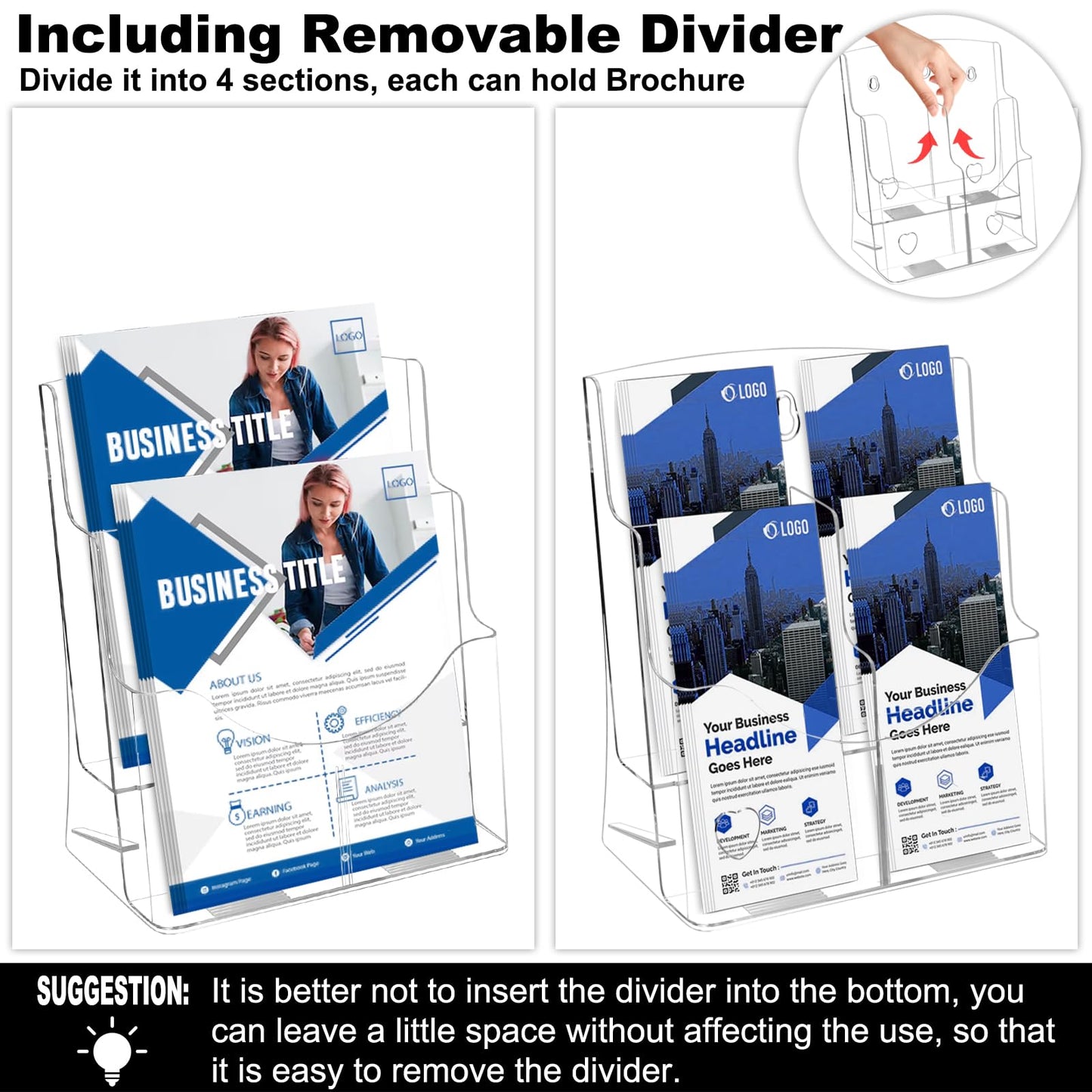 2 Pack Acrylic Brochure Holder 8.5 x 11 in, 2 Tier Brochure Display Stand with Removable Divider for 4 x 9 in Trifold Pamphlets, acrylic flyer holder 8.5 x 11 Stands for Flyer, Pamphlet, Magazine