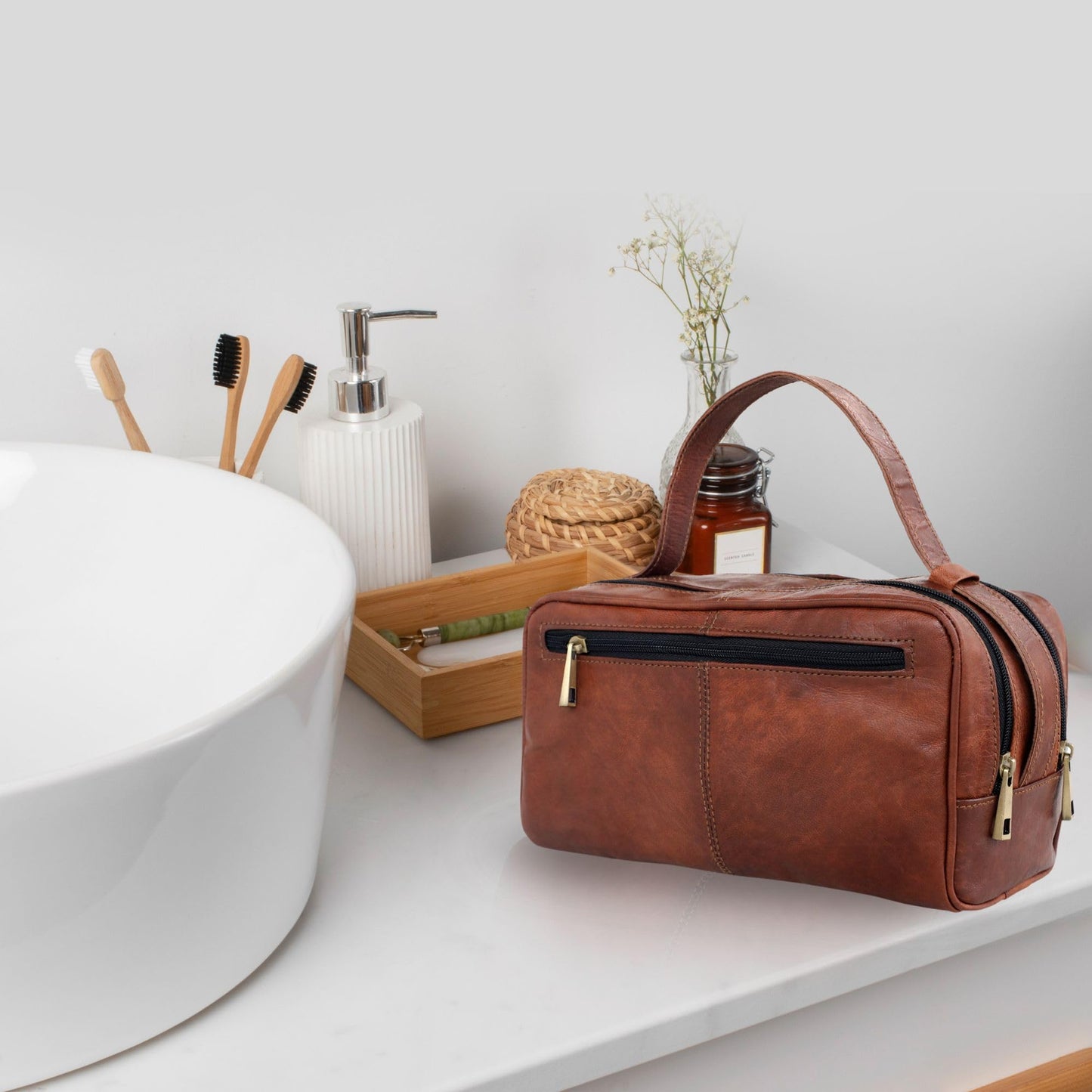 ANUENT Leather Toiletry Bag for Men & Women - Bathroom Bag for Traveling - Mens Shaving Dopp Kit Pouch Cosmetic Organizer Toiletries Bags Gifts for Men and Women (Brown)