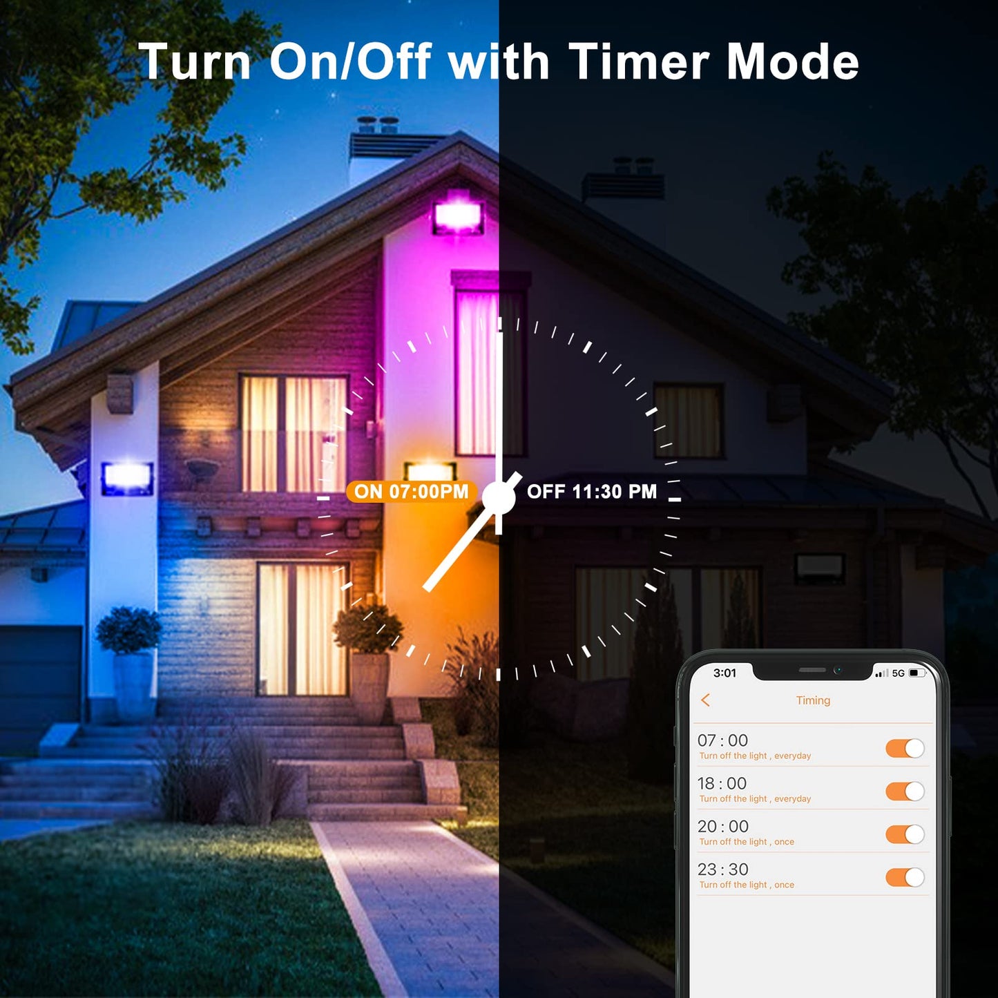 Flood Lights Outdoor RGB with Stake, 500W Equivalent Smart Color Change & Daylight 5700K Landscape Light, IP66 Patio Lights via App Control, Indoor Ambient Lighting, DIY Scenes/Music Sync/Timing-4Pack