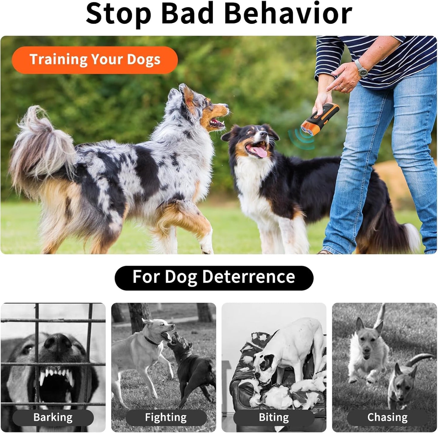 Dog Barking Deterrent Devices - 3 Modes Anti Barking Device for Dogs - 33FT Dog Bark Stopper Indoor Outdoor Rechargeable Stop Barking Automatic No More Dog Bark Control