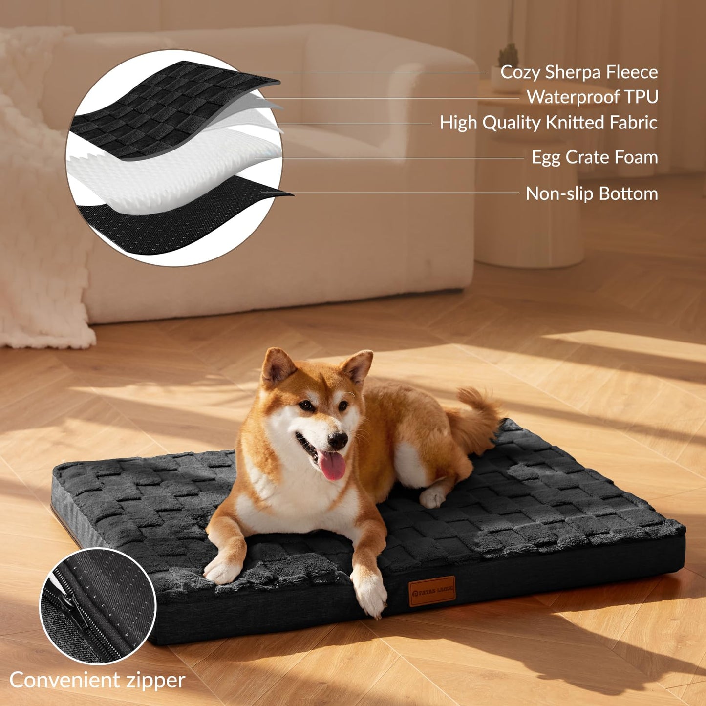 Patas Lague Orthopedic Jumbo Dog Bed for Extra Large Dogs 142x102cm, Waterproof Soft Warm Comfortable Egg Crate Foam Jumbo Pet Beds Mat with Removable Washable Cover and Nonskid Bottom, Black