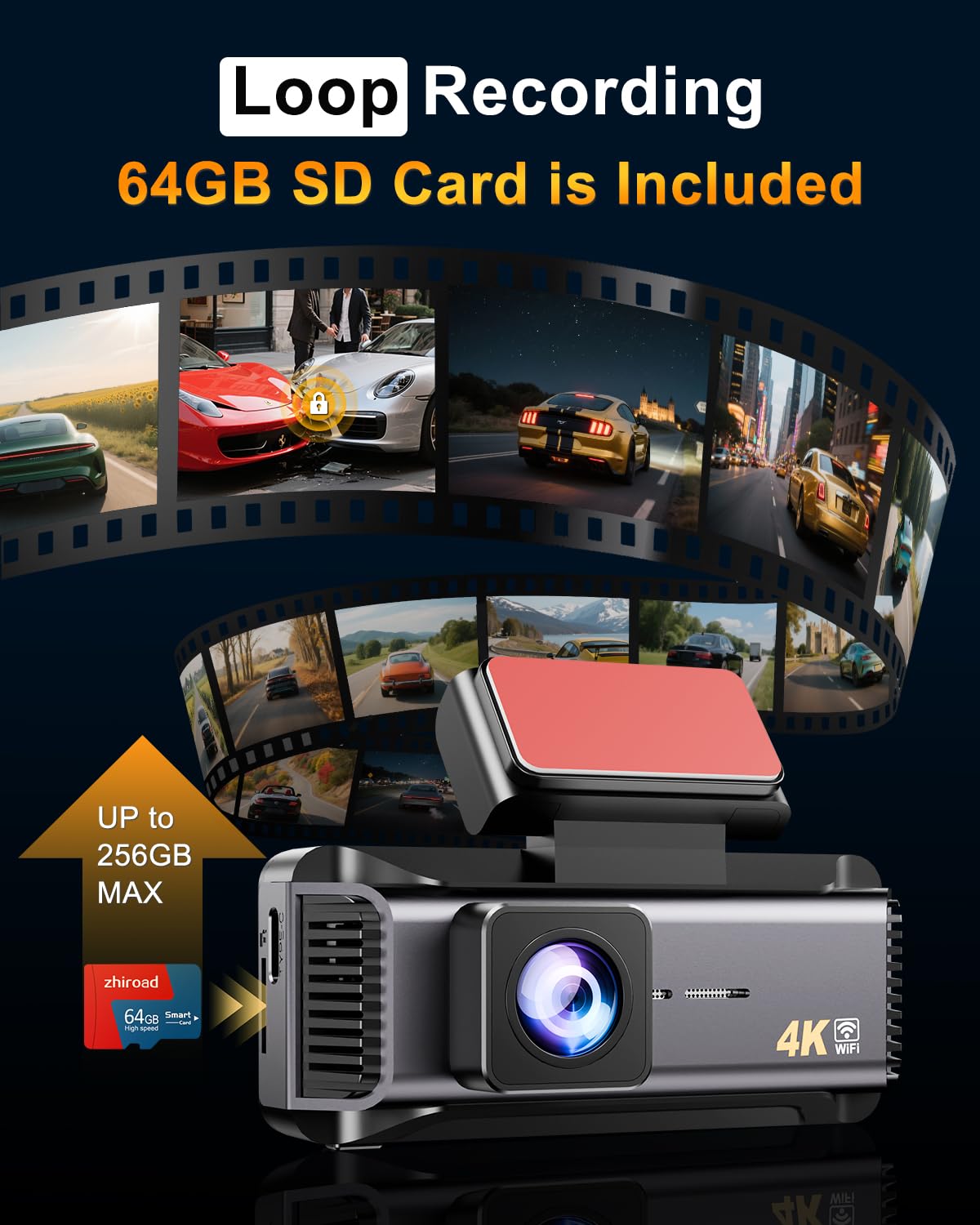 Dash Cam 4K Front, Built-in 5G WiFi Dash Camera for Cars, 64GB Card Included, Mini Dashcam with Loop Recording, 170°Wide Angle, Night Vision, 24H Parking Monitor, G-Sensor, Support 256GB Max