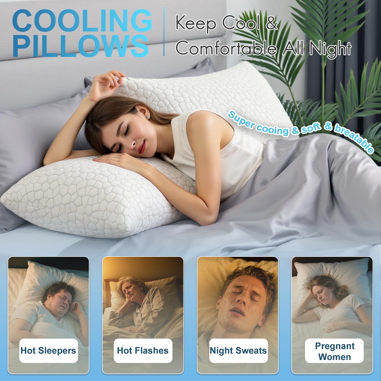 2-Pack Cooling Bed Pillows for Sleeping Shredded Memory Foam Pillows Queen Size Set of 2 - Cool Pillows for Side Back Stomach Sleepers Washable Removable Cover,Supportive