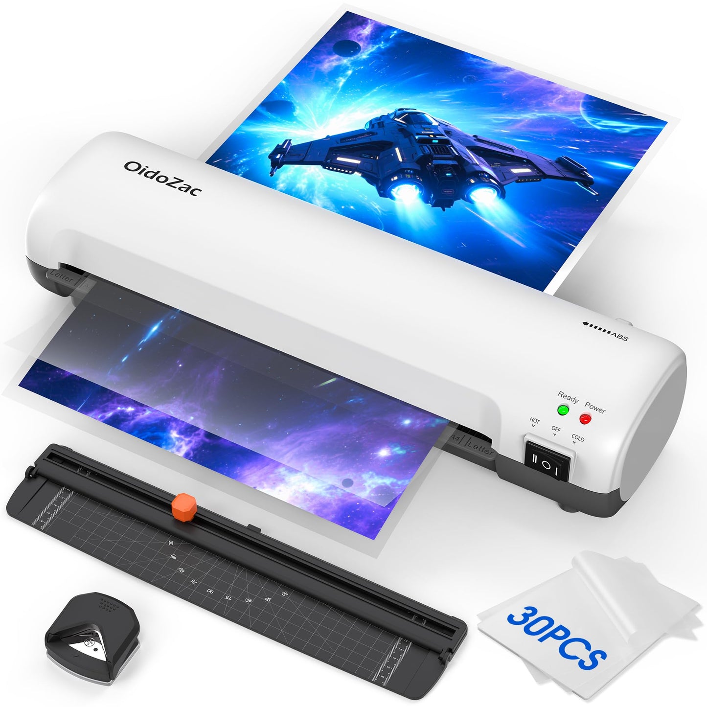 Laminator Machine 9-Inch, 4-in-1 Thermal Laminator with 30 Laminating Pouches (A4/A5/A6), Never Jam ABS Button, Trimmer & Corner Rounder, Hot & Cold Desktop Laminating Machine for Home Office School