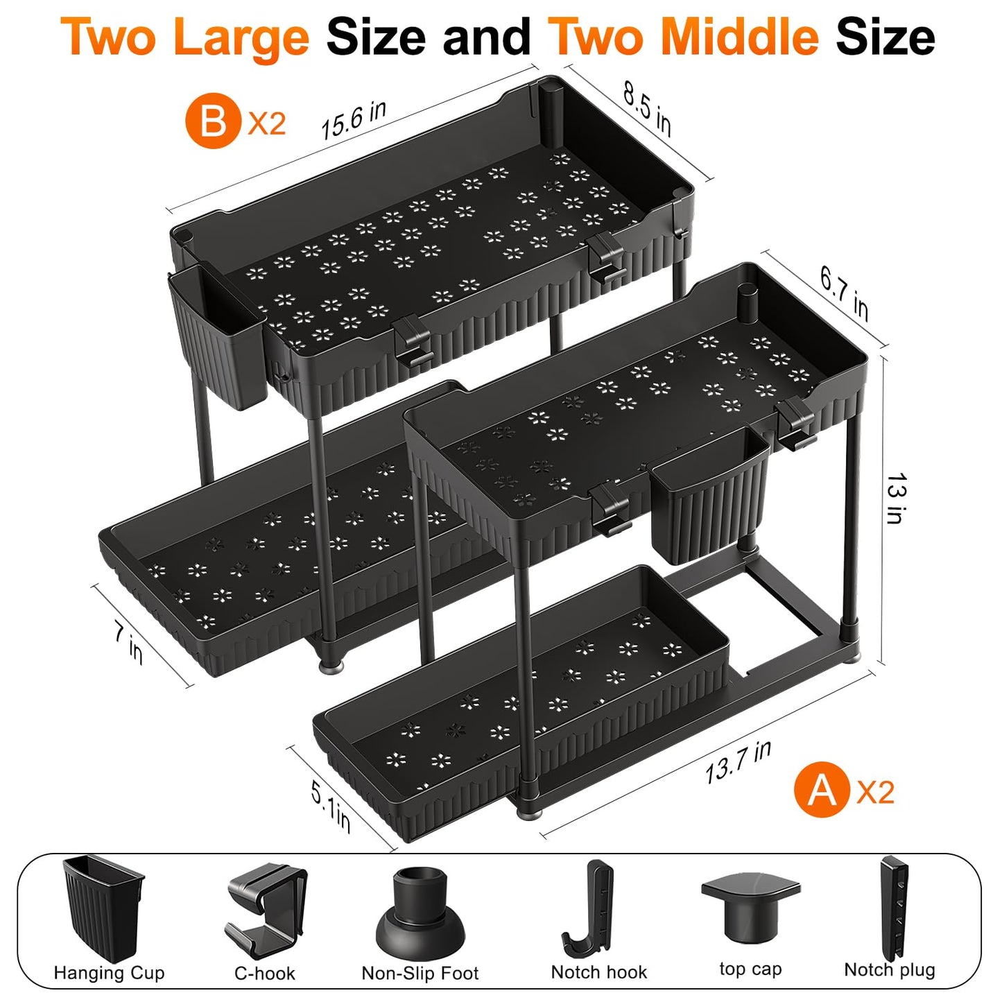 Sevenblue 4 Pack Under Sink Organizer and Storage, 2 Tier Sliding Bathroom Organizers, Multi-Use Under Sink Organizer for Bathroom and Kitchen (4 Pack Black)