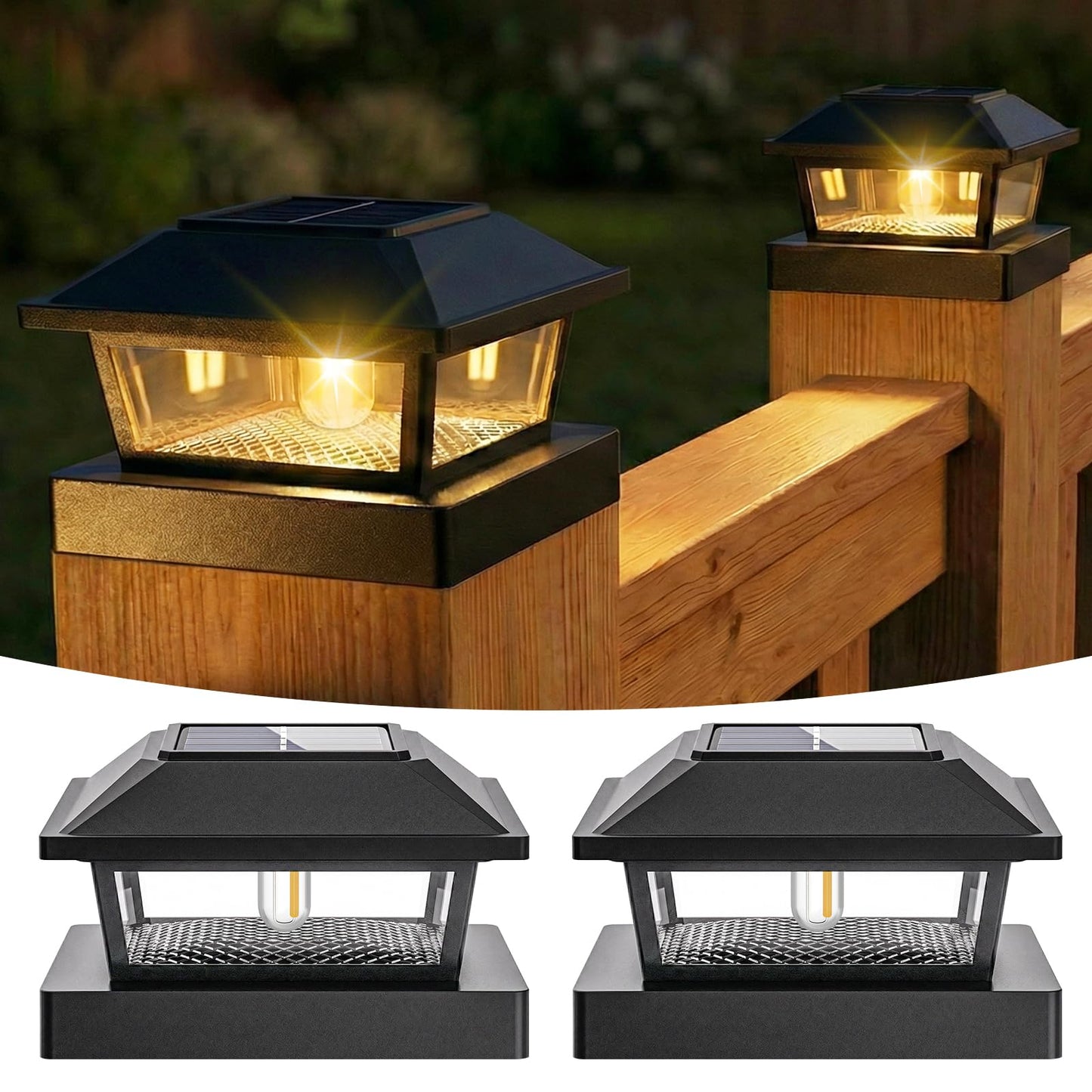 btfarm 4 Pack 4x4 Solar Post Caps Lights, Fence Post Solar Powered Lights with Edison LED Bulbs for Vinyl Wooden Posts, Waterproof Retro Deck Post Light Outdoor for Patio Garden Porch, Warm White