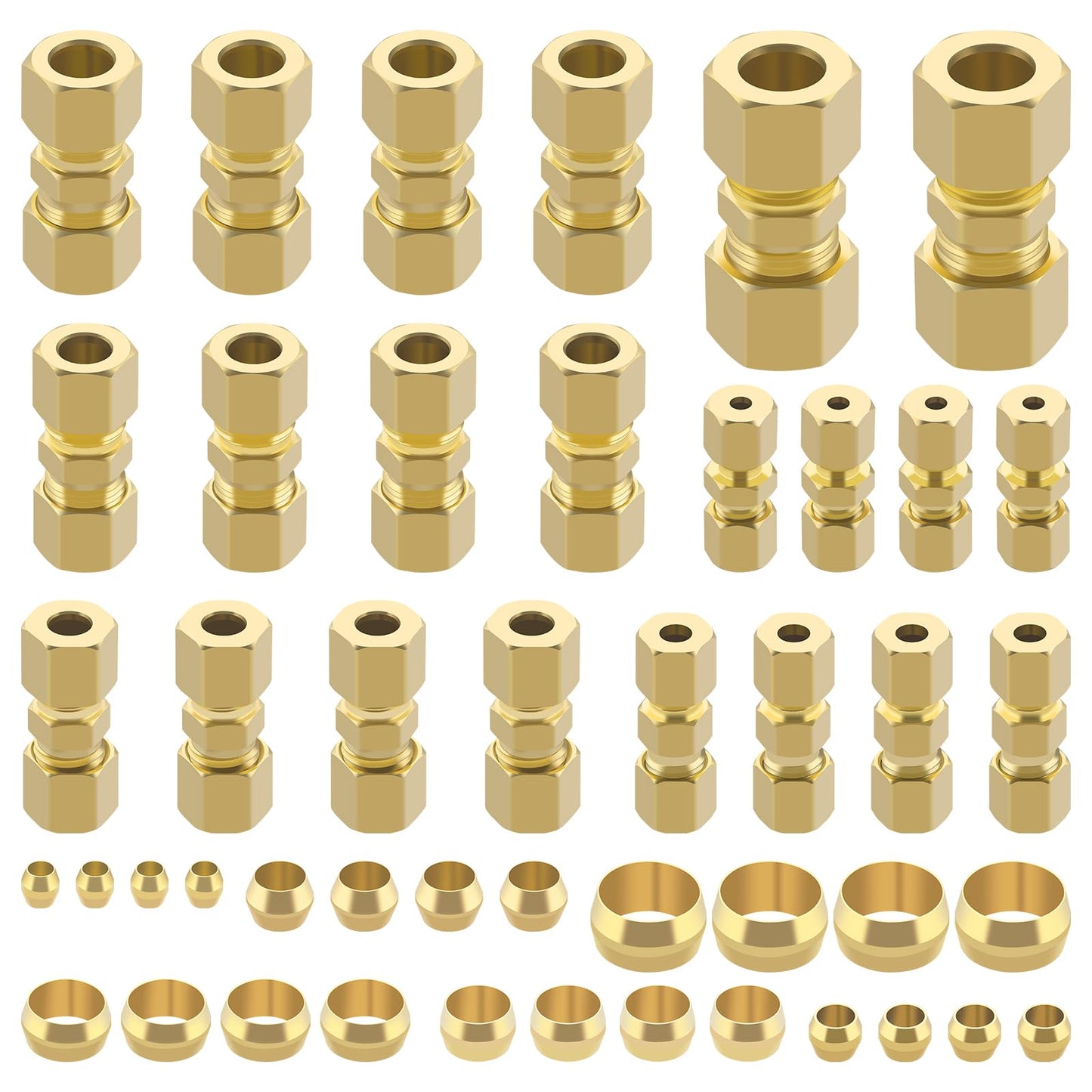46pcs Brass Compression Tube Pipe Fittings Assortment Kit, Taiidaues 1/8" 3/16" 1/4" 5/16" 3/8" 1/2" OD Compression Union Connector & Compression Sleeves Ferrules