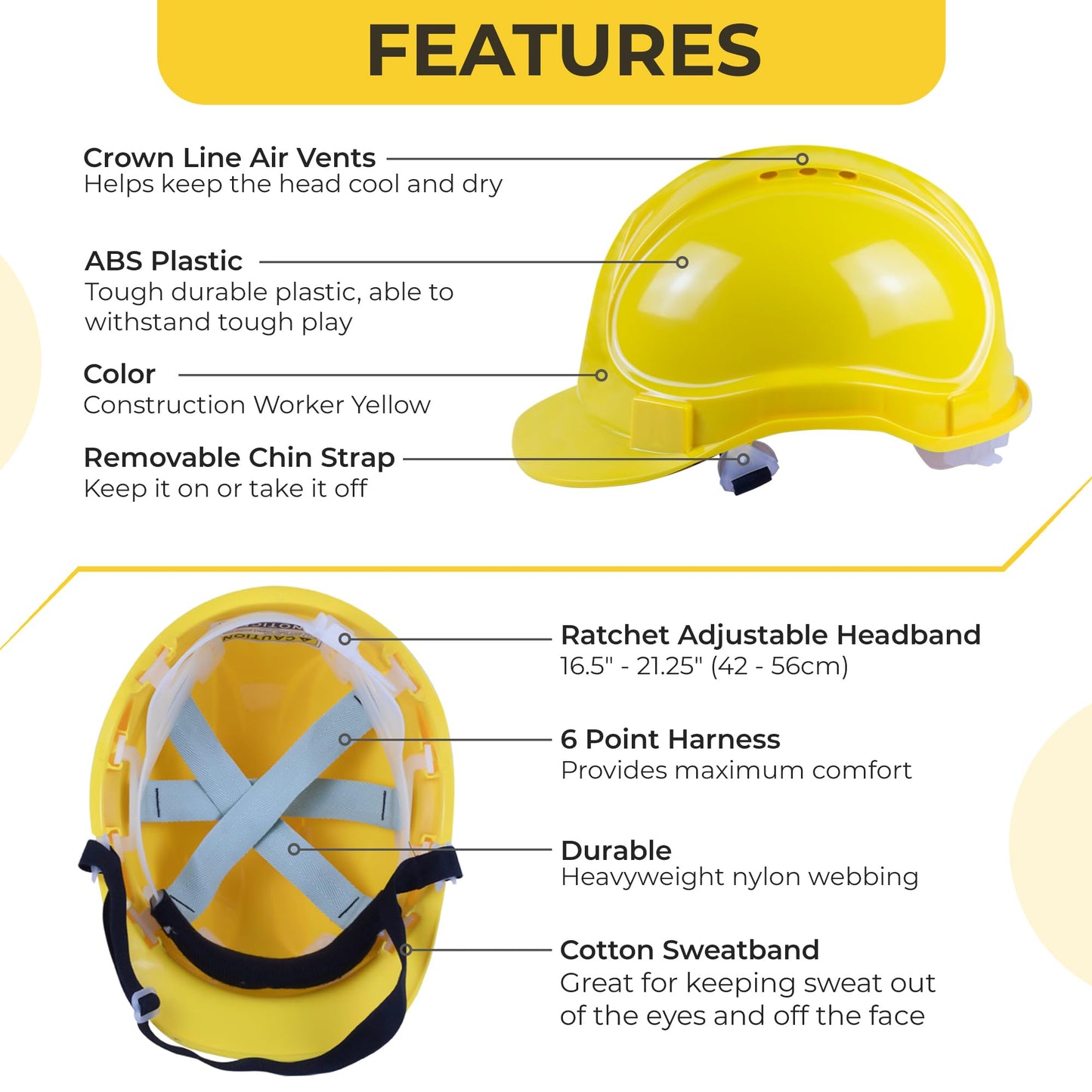 Child Hard Hat Construction Helmet - Adjustable for Ages 3-7, Toddler. Realistic Look, Replica of Grownup Gear. Construction Worker Yellow Hat for Children Boys & Girls
