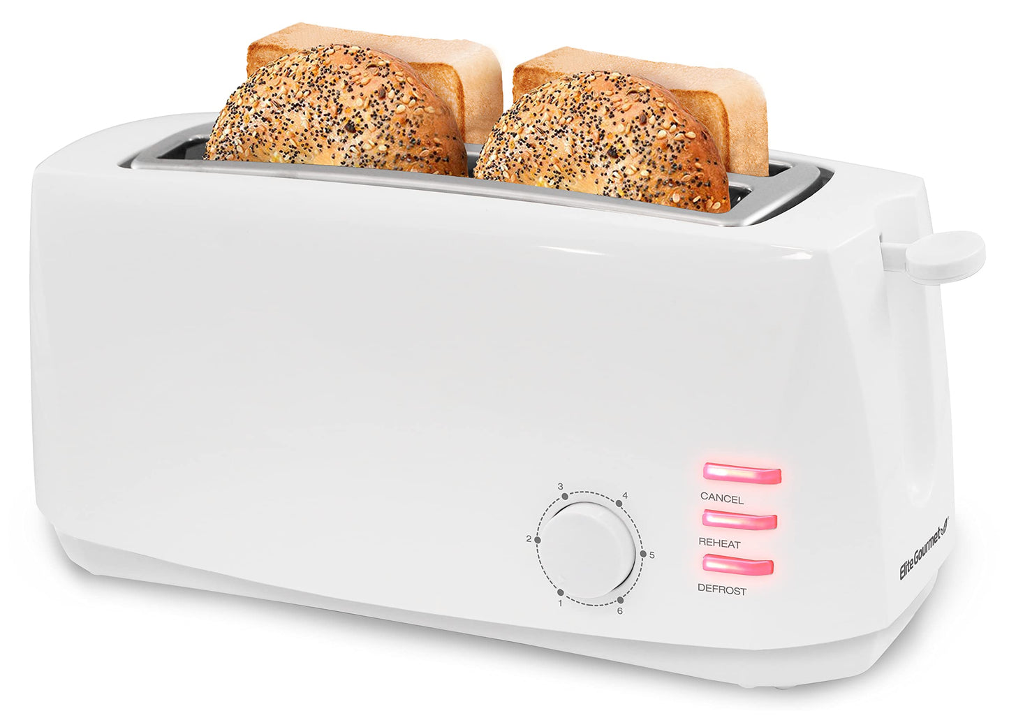 Maxi-Matic ECT-4829 Long Cool Touch 4-Slice Toaster with Extra Wide 1.25" Slots for Bagels, Waffles and Specialty Breads, CANCEL, Reheat, Defrost 6 Shade Settings, White