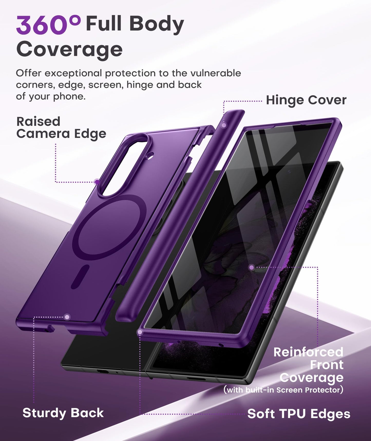 BERFY Magnetic for Samsung Galaxy Z Fold 7 Case with Privacy Screen Protector, [Compatible with MagSafe][Anti Spy] Built-in Hidden Kickstand, Full-Body Shockproof Slim Phone Case for Z Fold 7, Purple