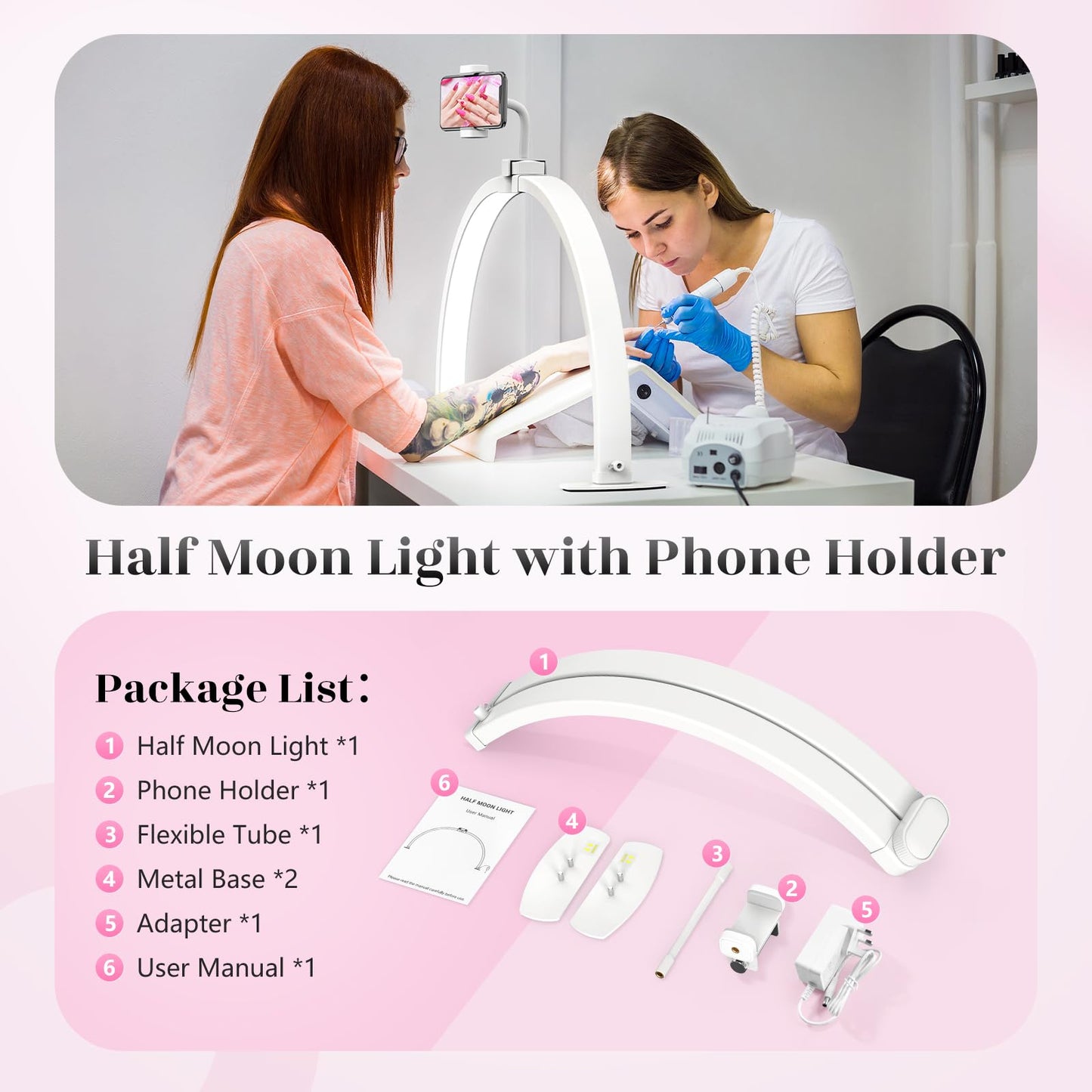Yokilly Half Moon Light for Nail Desk: 29" Foldable Half Moon Nail Desk Lamp with Phone Holder for Beginner - Arch Tech Light with 3 Color Modes & 10 Brightness for Manicure Salon (White, Large)