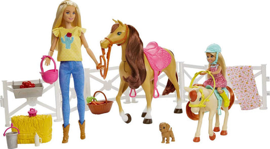 Barbie Playset with Barbie and Chelsea Blonde Dolls, 2 Horses with Bobbling Heads and 15+ Toy Accessories that Include Corral Fencing, Feeding, Grooming, Nurturing and Horseback Riding Pieces for 3Y+