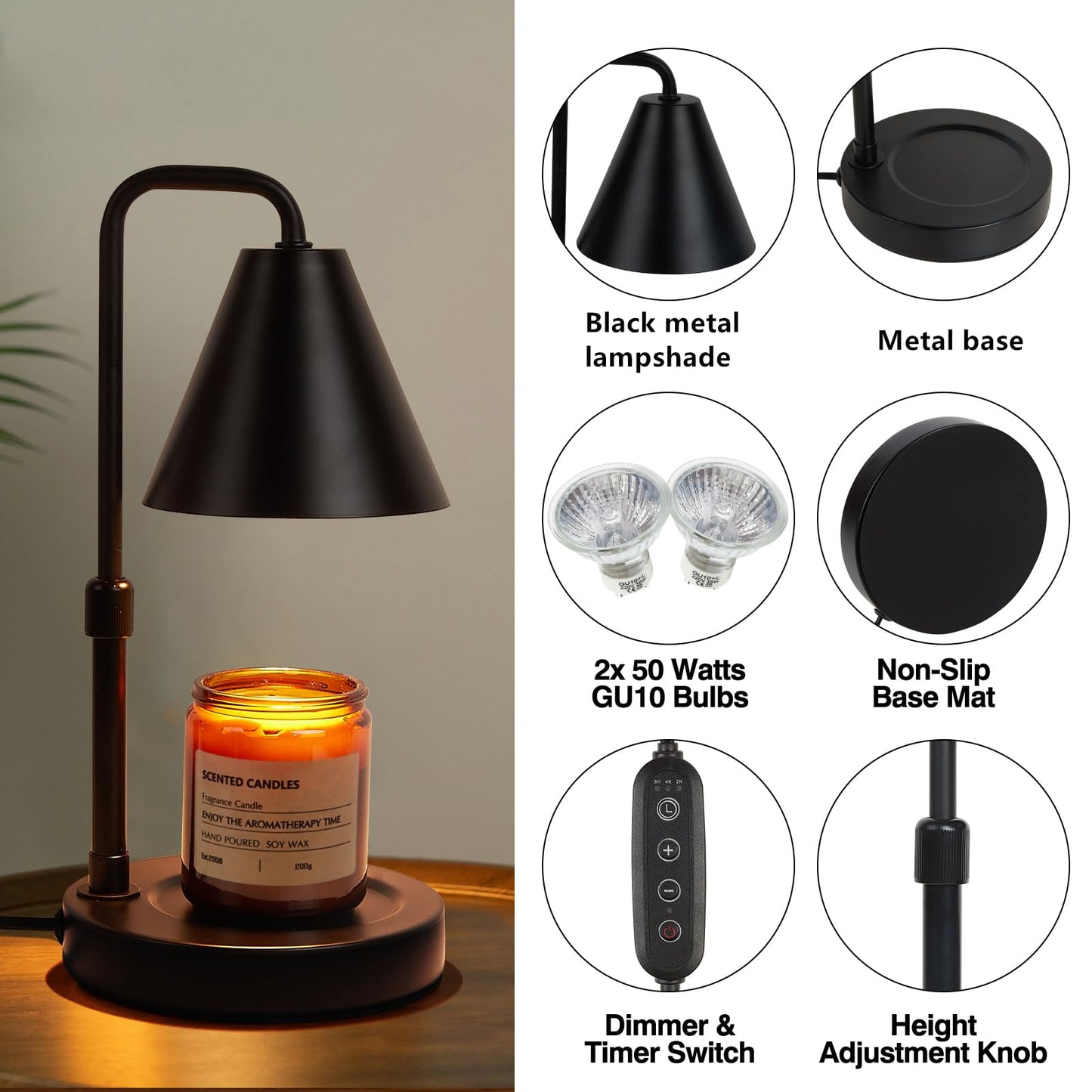 Suewow Candle Warmer Lamp, Adjustable Height, with Timer Dimmer, 2 Light Bulbs, Room Decor Wax Melt Warmer for Scented Wax, Gift for Mom (Black)
