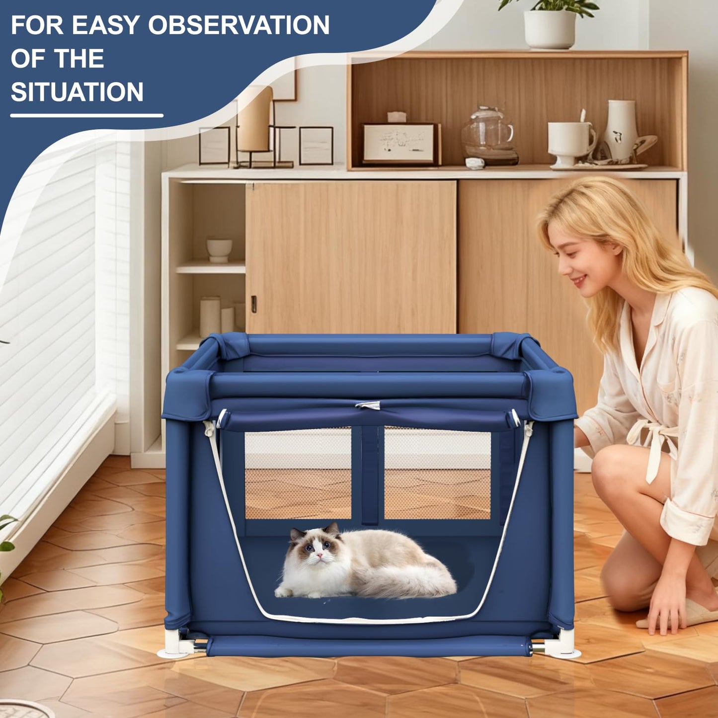 Puppy Playpen with Gate, Dog Playpen for Puppies or Small Dogs, Safety Pet Playpen with Thickened Fabric, High-Strength Nylon Wire Mesh, Stainless Steel Pipes (Blue, 90x90x66cm, 5)