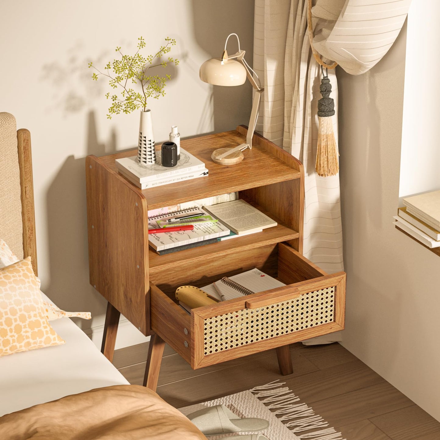 Lerliuo Rattan Nightstand, Boho Side Table with Drawer Open Shelf, Cane Accent Bedside End Table with Solid Wood Legs for Bedroom, Dorm and Small Spaces（Tea Brown）
