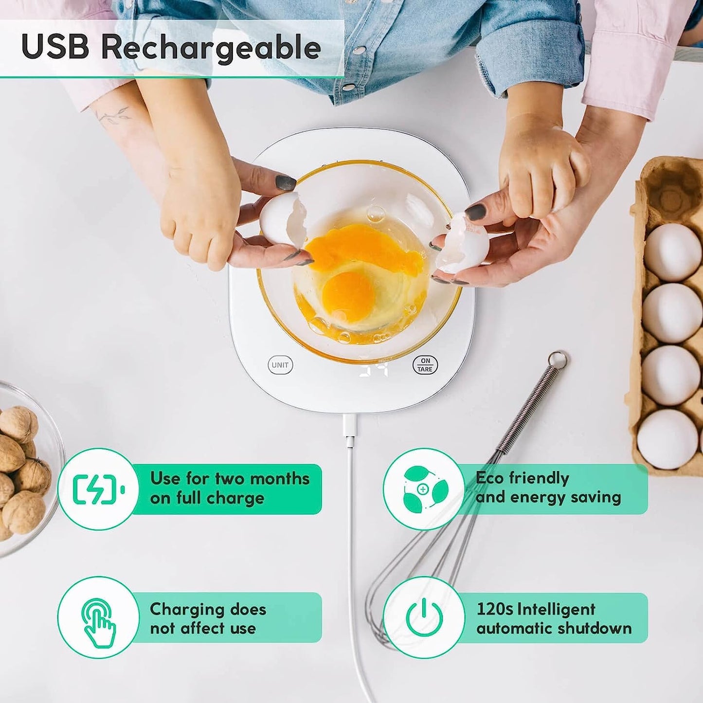Arboleaf Smart Food Scale Rechargeable, 22lb Digital Kitchen Scale with Calorie Counter, Weighing with App for Macro, Keto, Calorie, Cooking, Grams and Ounces, 0.1oz/0.5g, White
