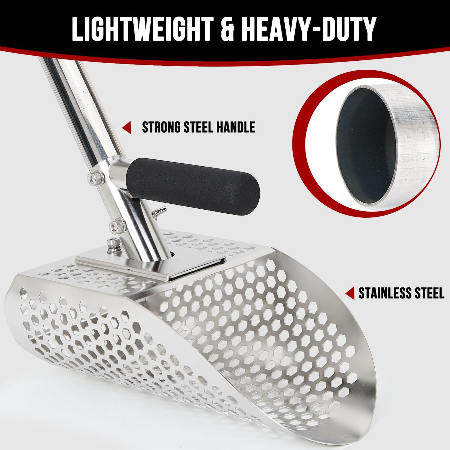 Sand Scoop for Metal Detecting, Metal Detector Scoop with Long Steel Handle, Stainless Steel Metal Detector Shovel, Sand Sifter for Beach, Metal Detector Accessories, Sand Flea Rake for Treasure