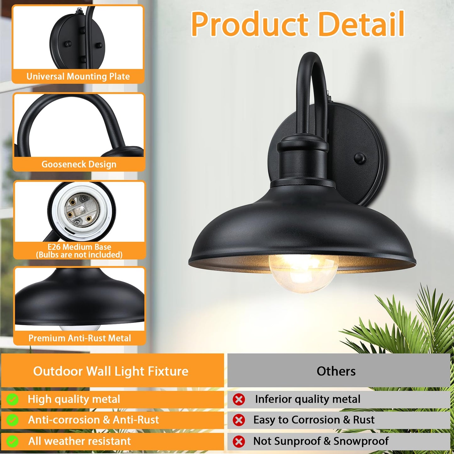 MYHXQ Dusk to Dawn Gooseneck Outdoor Light Fixtures, Farmhouse Barn Lights for Porch, Industrial Black Exterior Wall Sconce for Garage, Patio, E26 Base Anti-Rust for Garage Frontdoor Entryway, 2 Pack