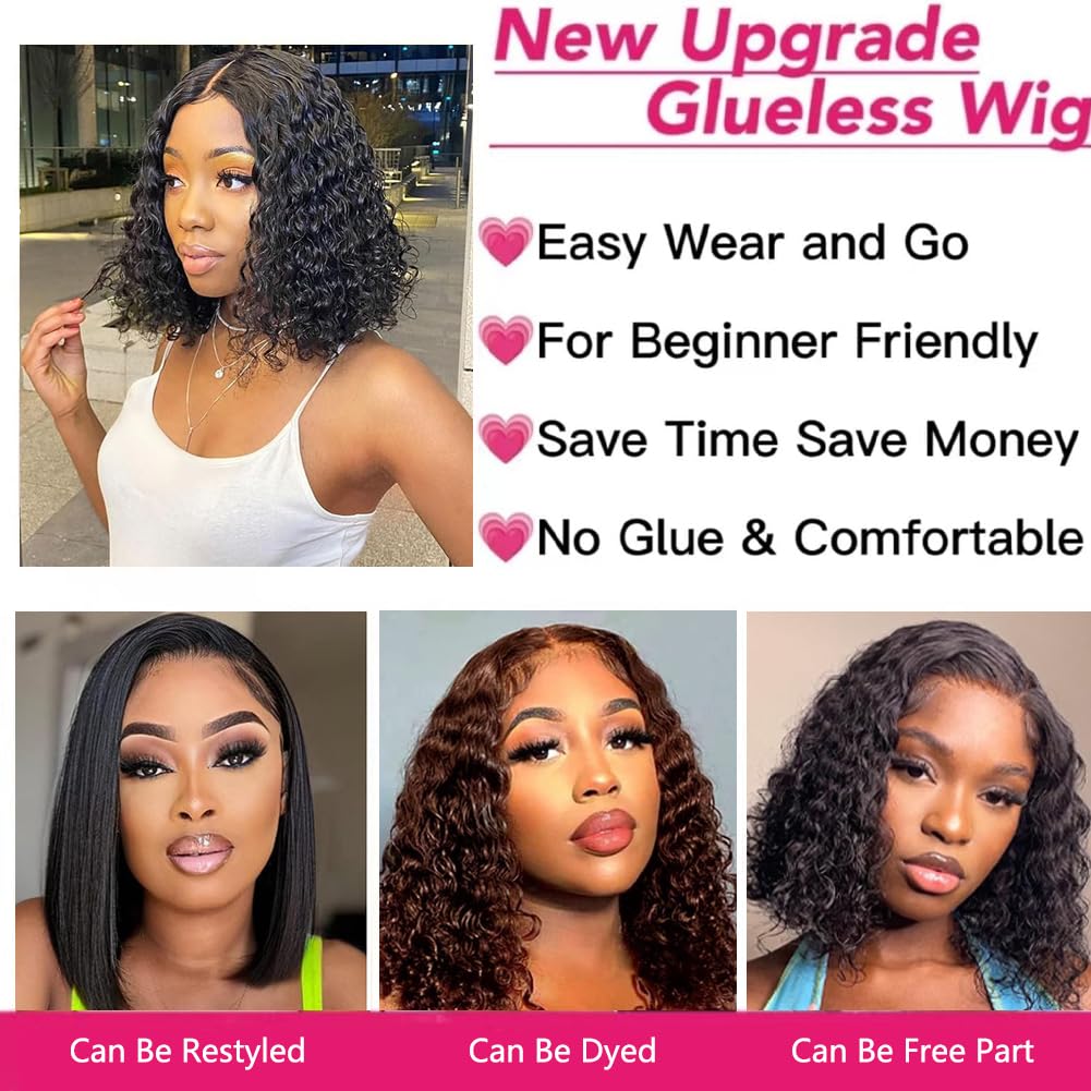 Wigs for Women Human Hair Pre Plucked Deep Wave 4x4 Lace Closure Wigs 12 Inch Deep Curly Bob Wig Human Hair Wigs with Baby Hair Wear and Go Glueless Wigs for Black Women Natural Black