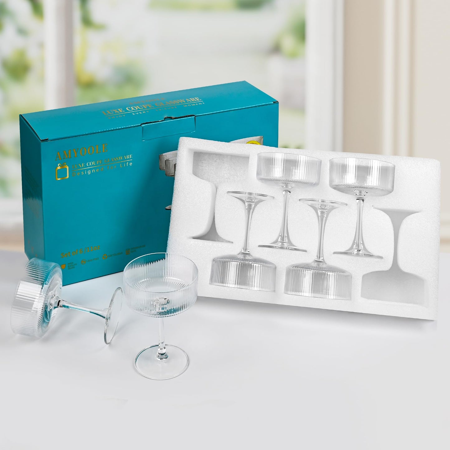 AMYOOLE Vintage Ribbed Coupe Glasses Set of 6-11oz Clear 100% Crystal Martini Glasses Elegant Cocktail Glasses, Transparent Glassware for Champagne, Margaritas, Espresso Comes with a Rose Ice Mold.