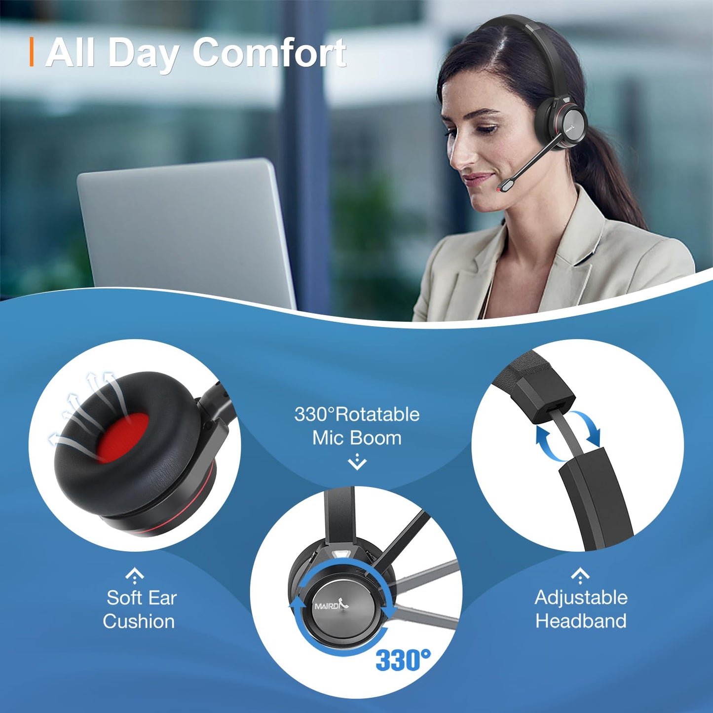 MAIRDI Bluetooth Headset with Microphone for PC, in-Built Bluetooth Dongle for Computer, Wireless Headset with Mic Mute for Work Office CallCenter Telephone Microsoft Teams Conference