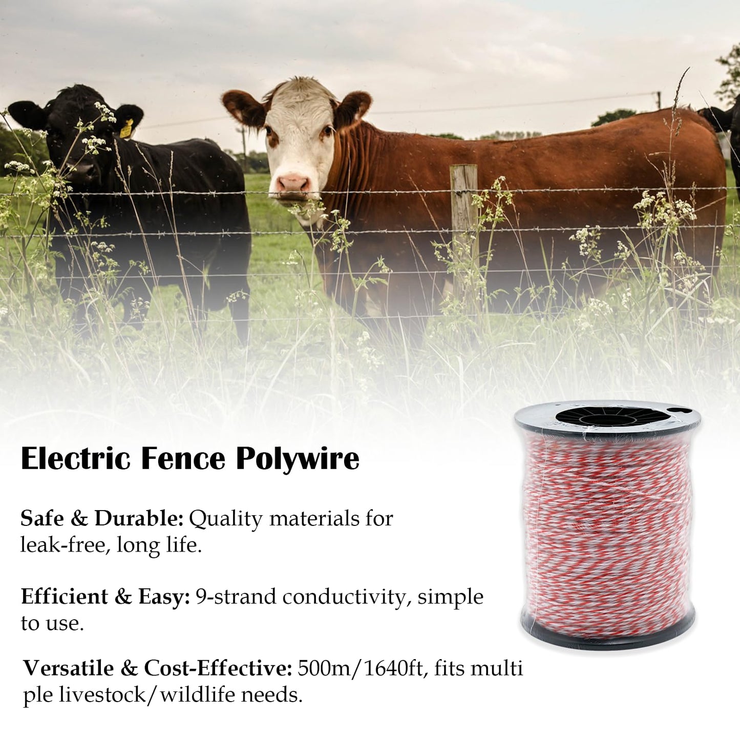 Electric Fence Polywire 1640 Feet 500 Meters, 9 Stainless Steel Strands for High Conductivity, UV & Rust Resistant Portable Electric Fencing Rope for Livestock, Horses, Goats, Dogs, Wildlife Control