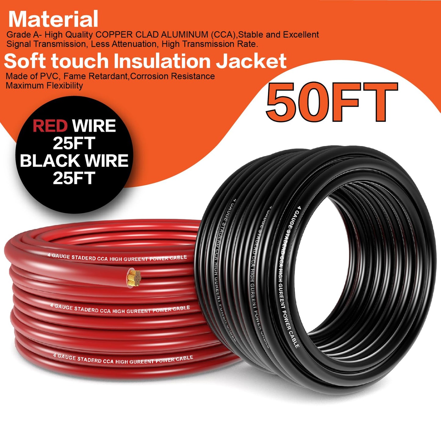 4 Gauge Wire (25ft Each - Red/Black) Copper Clad Aluminum CCA - Primary Automotive Wire,Car Amplifier Power & Ground Cable, Battery Cable,Welding Cable for Car Stereo,Solar, Auto, RV Trailer & Marine