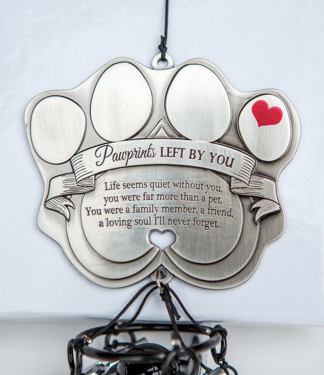 Pet Memorial Wind Chime - 12” Metal Casted Pawprint Wind Chime - A Beautiful Remembrance Gift For a Grieving Pet Owner- Includes “Pawprints Left By You” Poem Card.